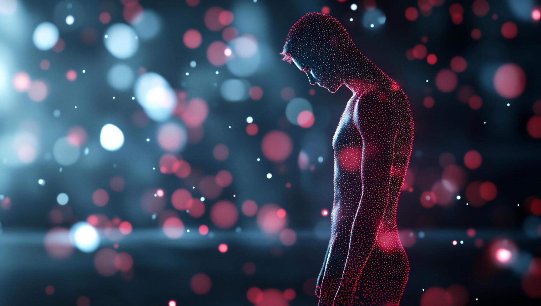 A digital silhouette of a person surrounded by glowing particles. photo