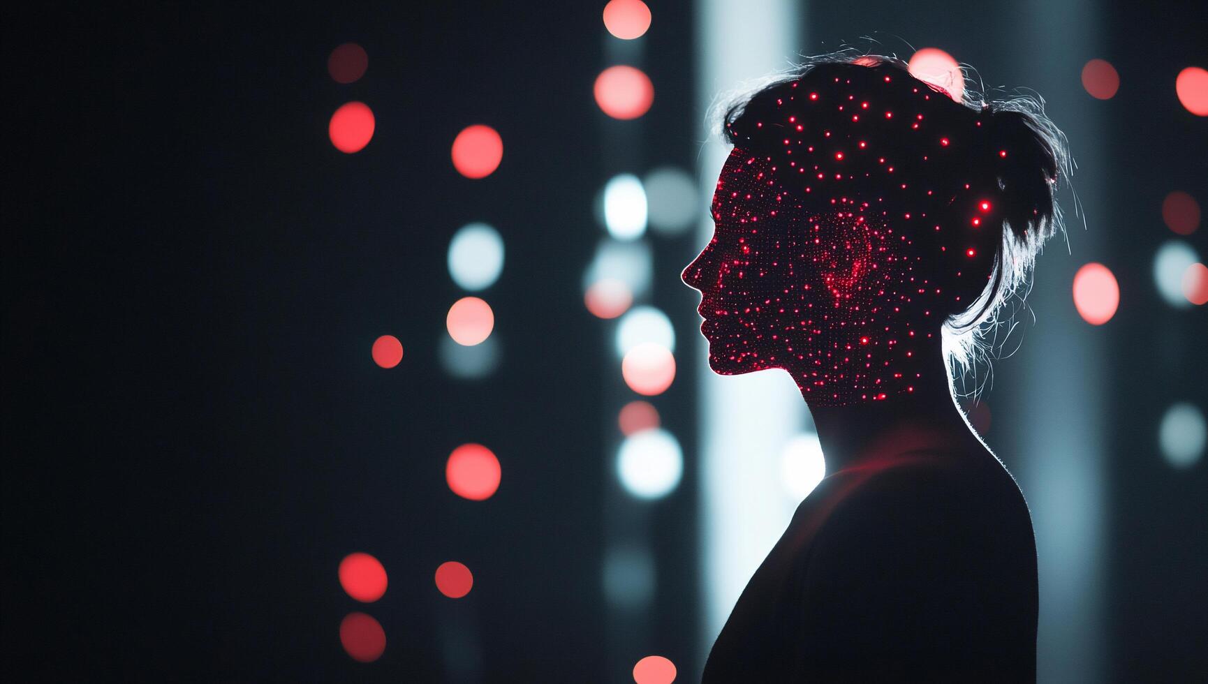 Silhouette of a person with a dotted light pattern on their face. photo