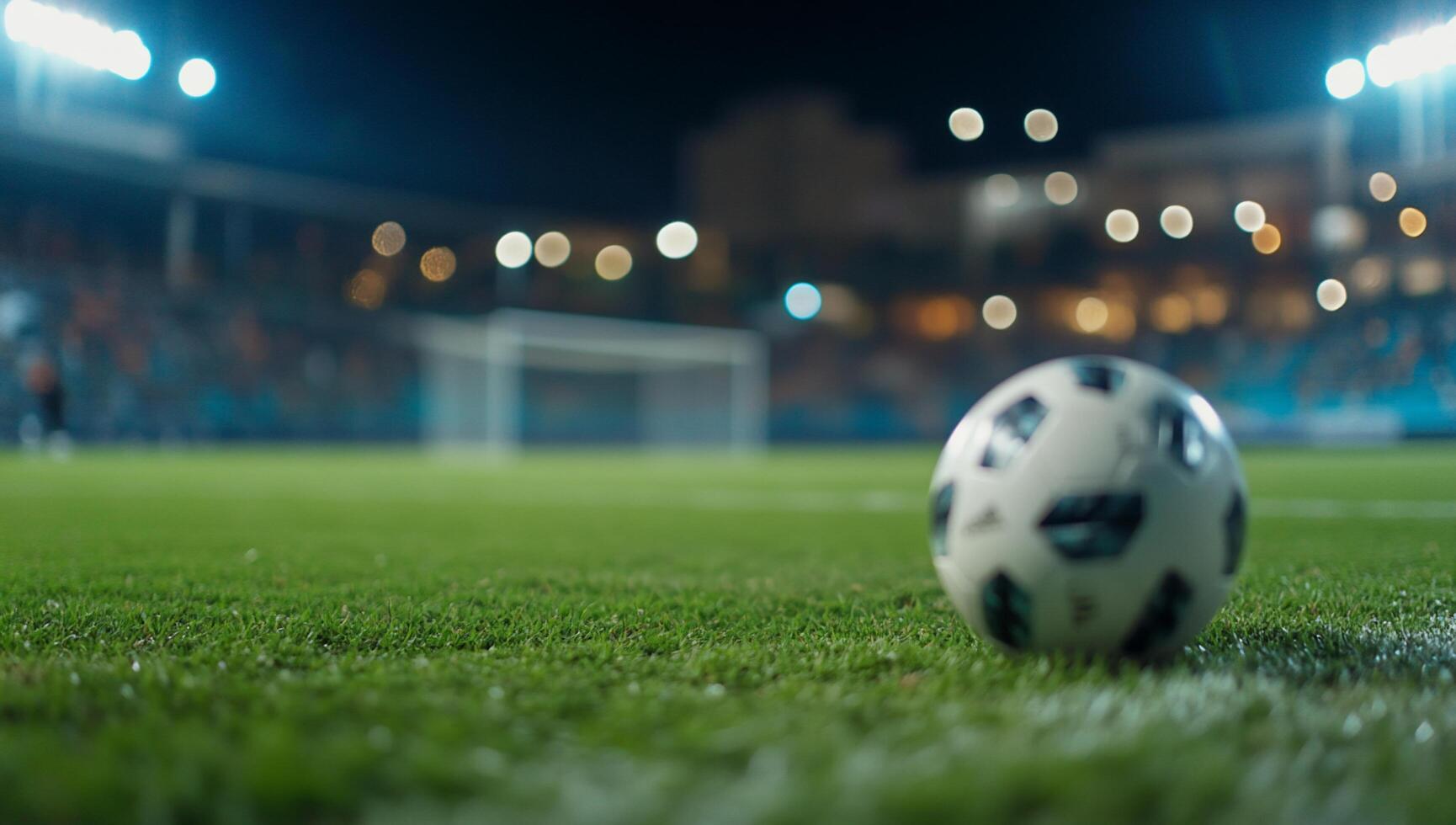 A close-up of a soccer ball on a field at night, with blurred background. photo