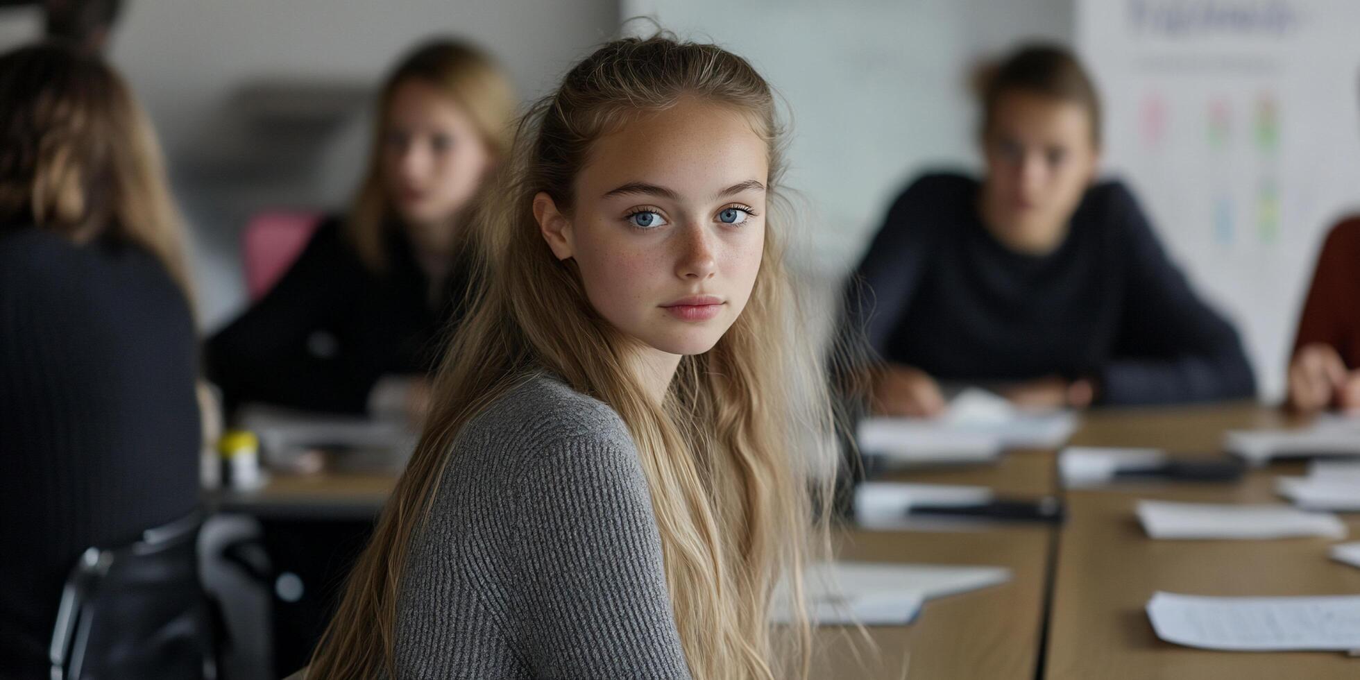 A young girl gazes thoughtfully in a classroom setting. photo