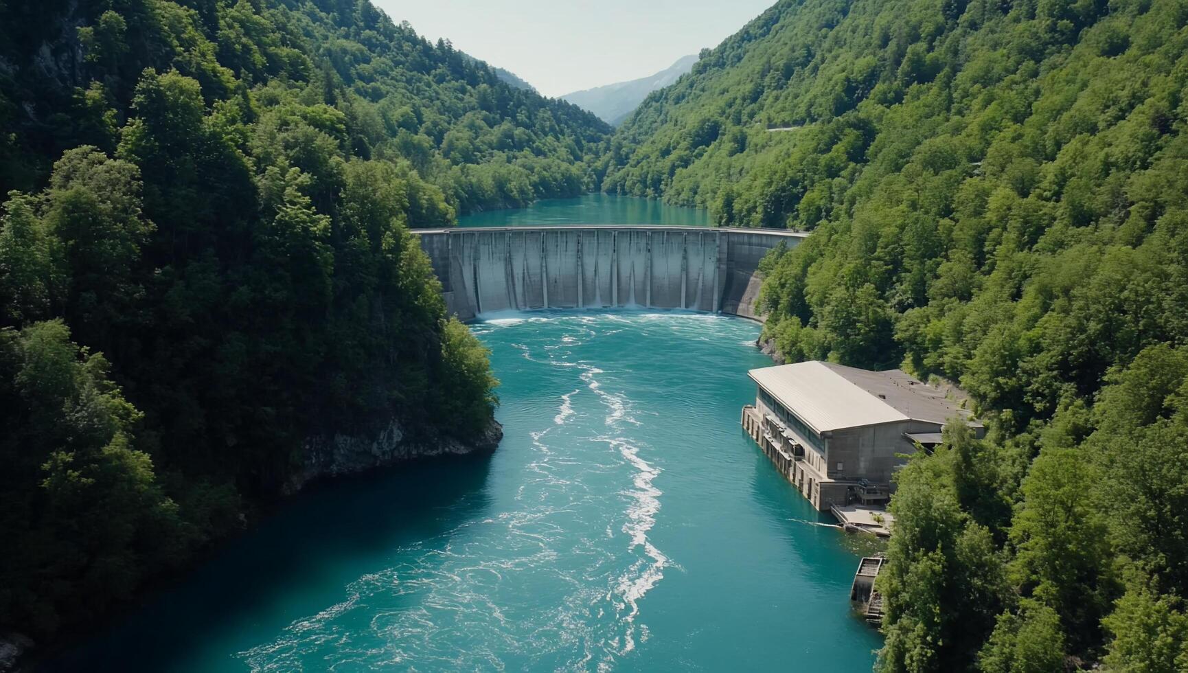 A scenic view of a dam surrounded by lush greenery and a river. photo