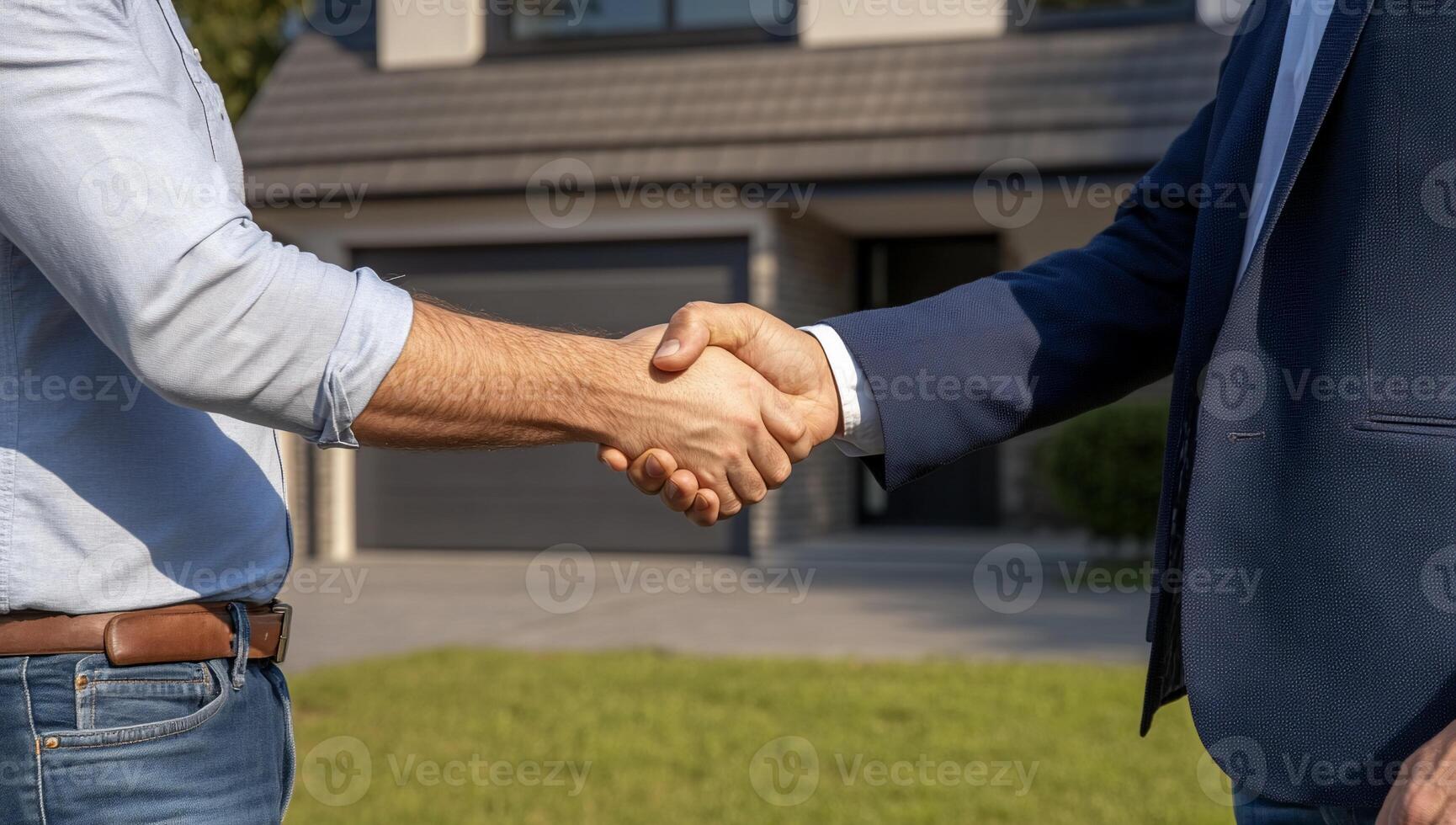 Two men shaking hands in front of a house photo