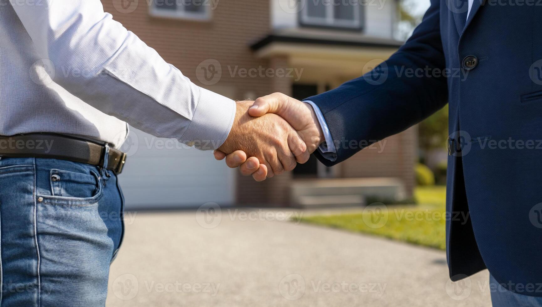 Two people shaking hands in front of a house, symbolizing agreement. photo