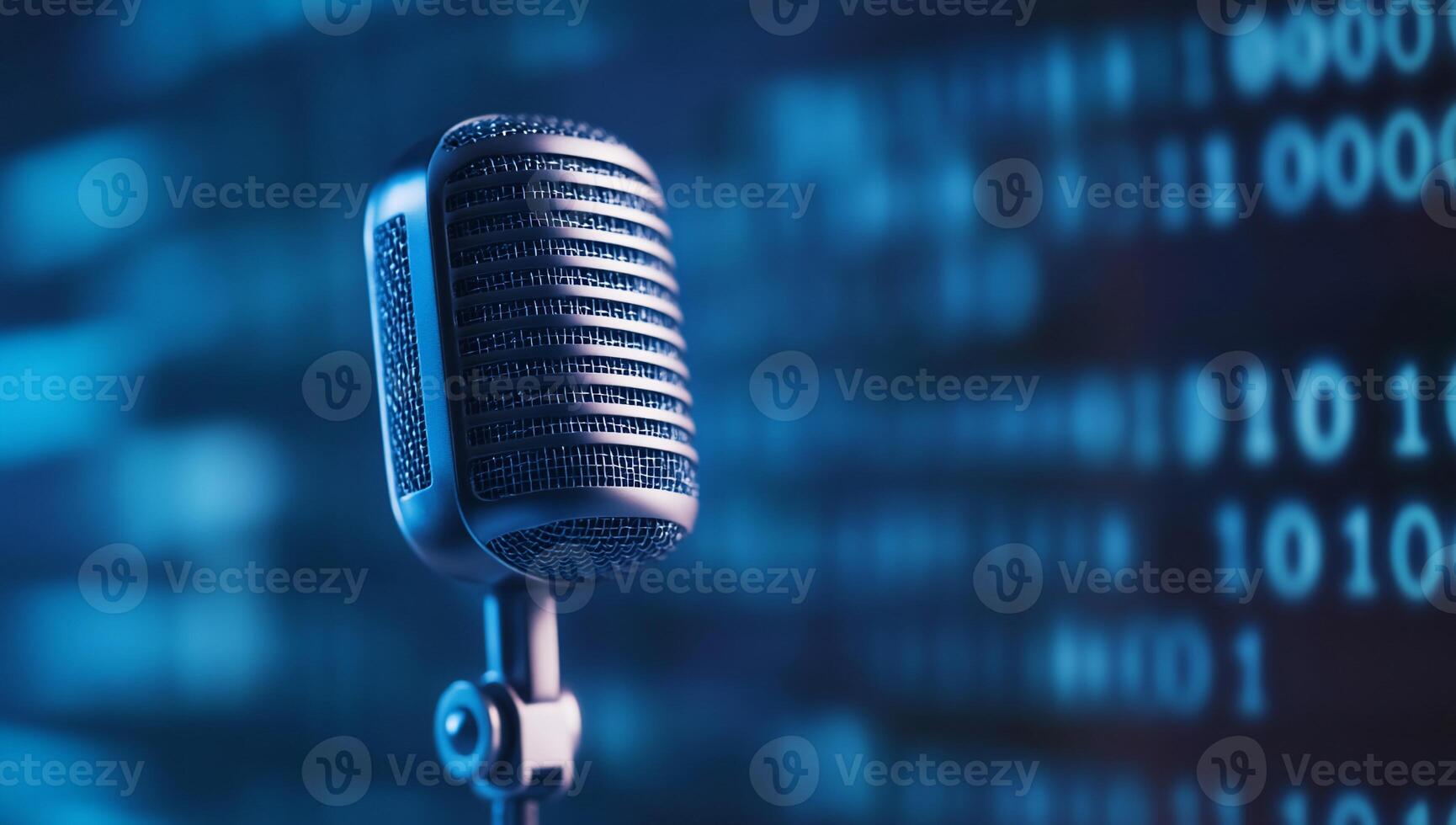 A microphone in front of digital binary code, symbolizing technology. photo