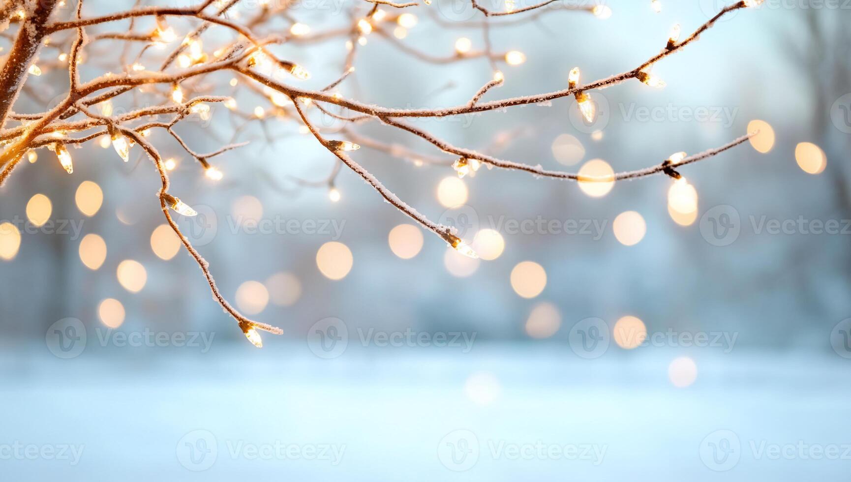 A serene winter scene with glowing lights on frosted branches. photo