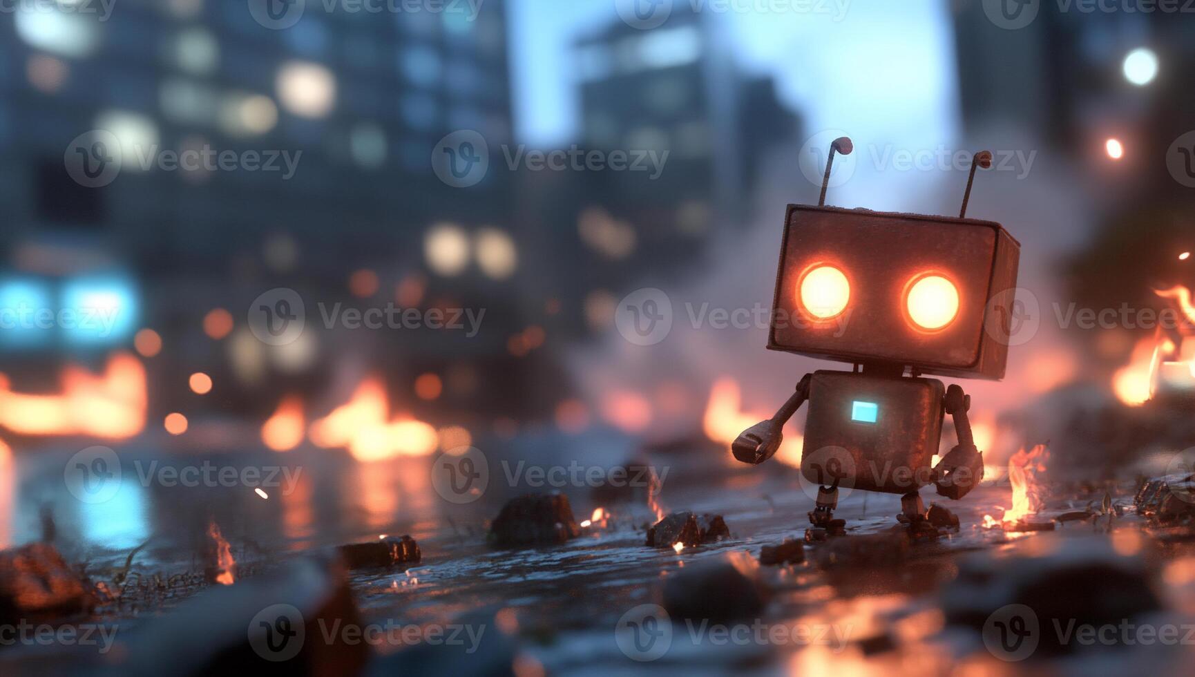A cute robot stands amidst a fiery urban landscape. photo