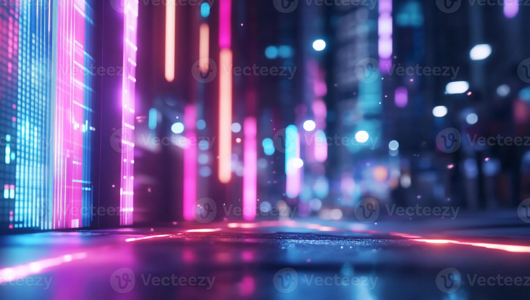 Futuristic cityscape with vibrant neon lights and a reflective surface. photo