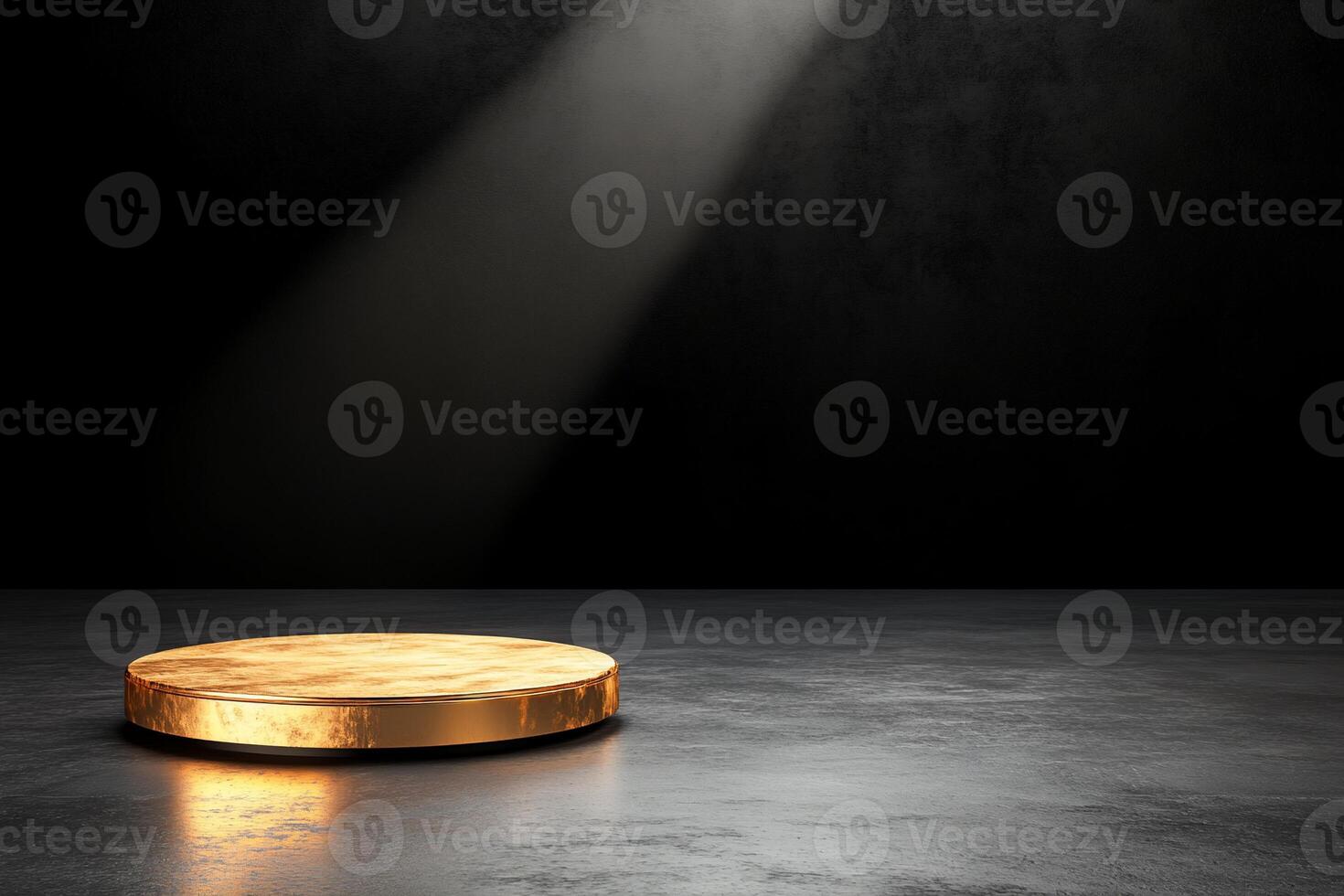 A golden circular platform illuminated by a spotlight against a dark backdrop. photo