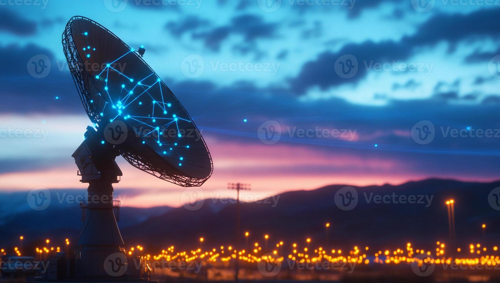 Satellite dish against a colorful sunset, symbolizing communication technology. photo
