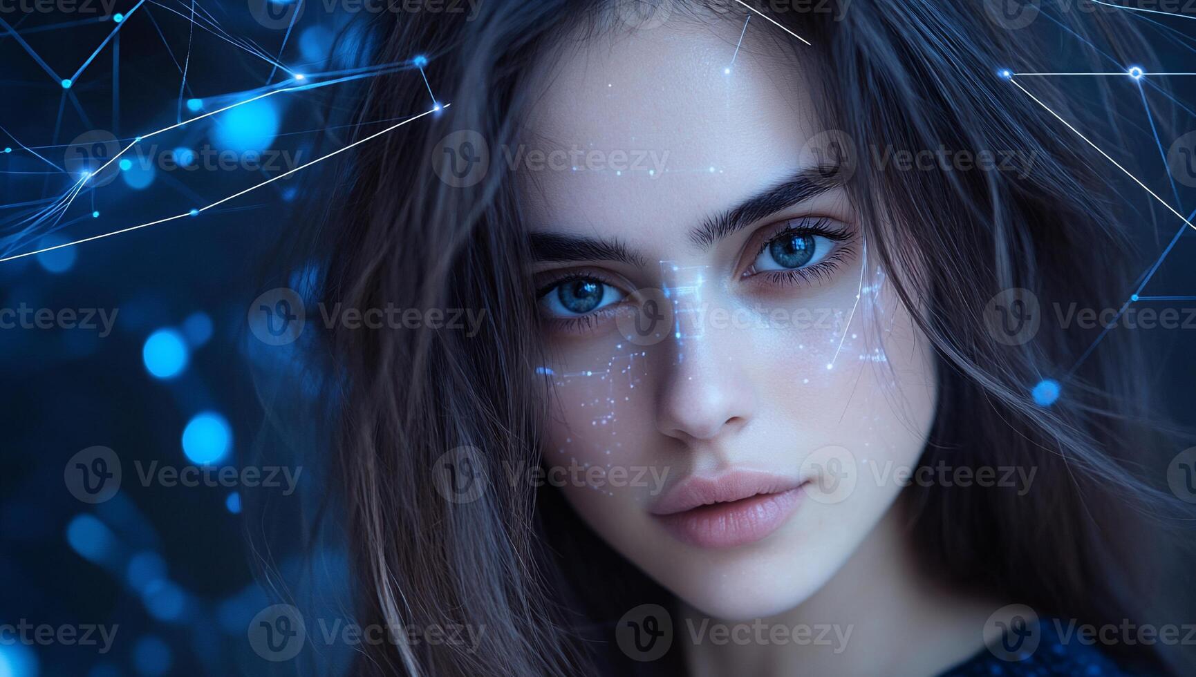 A close-up of a woman's face with digital effects and glowing lines. photo