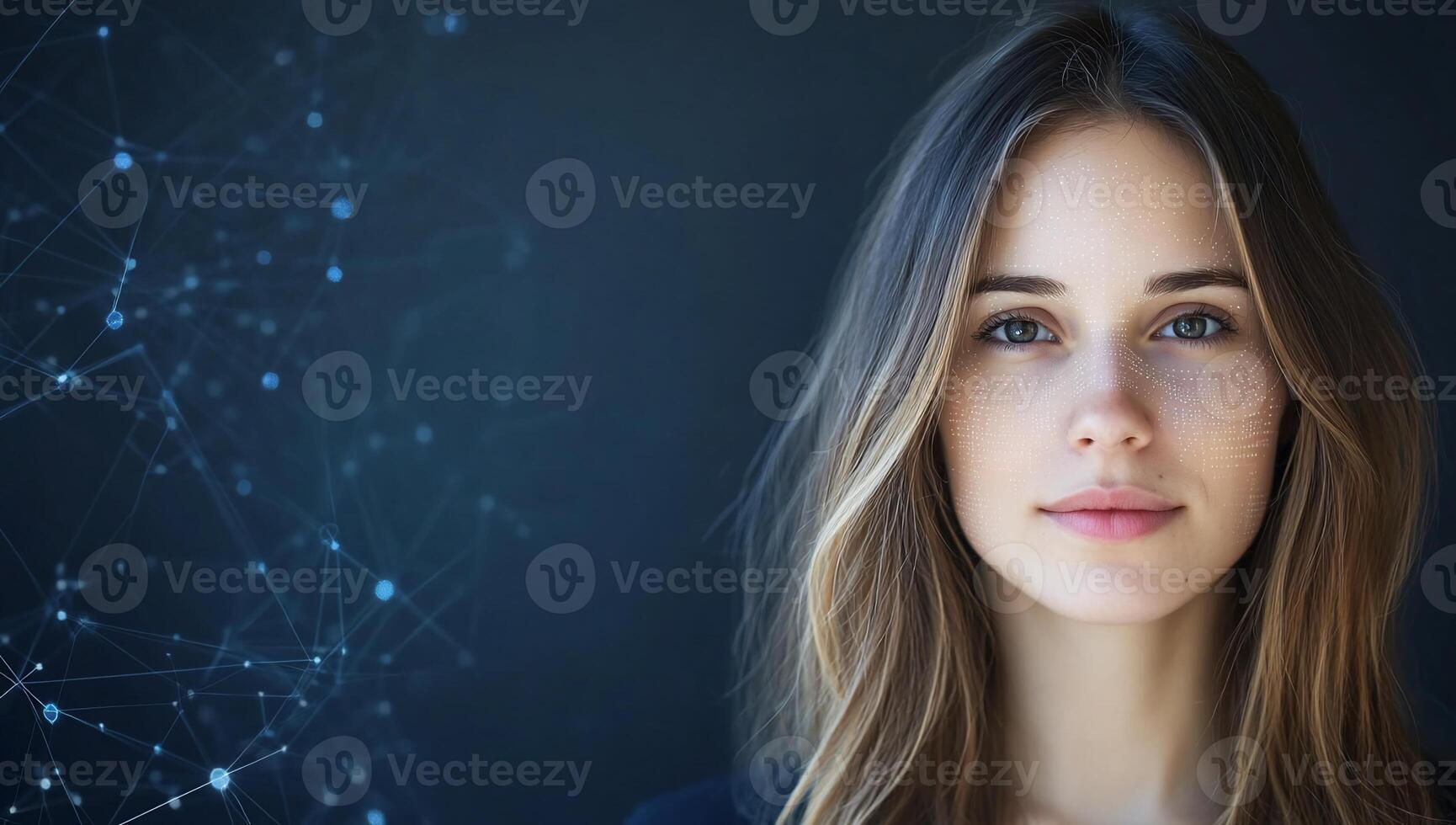 A young woman with a serene expression against a digital background. photo