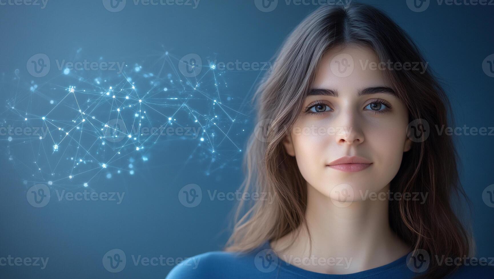 A young woman with a thoughtful expression and a digital network backdrop. photo