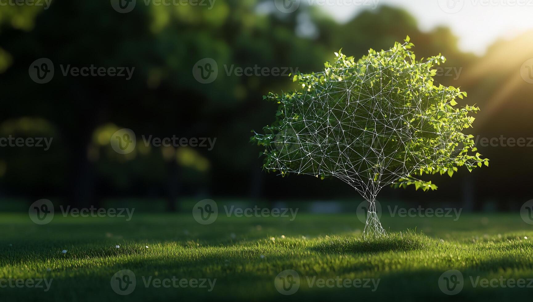 A stylized tree with a network design amidst a grassy landscape. photo