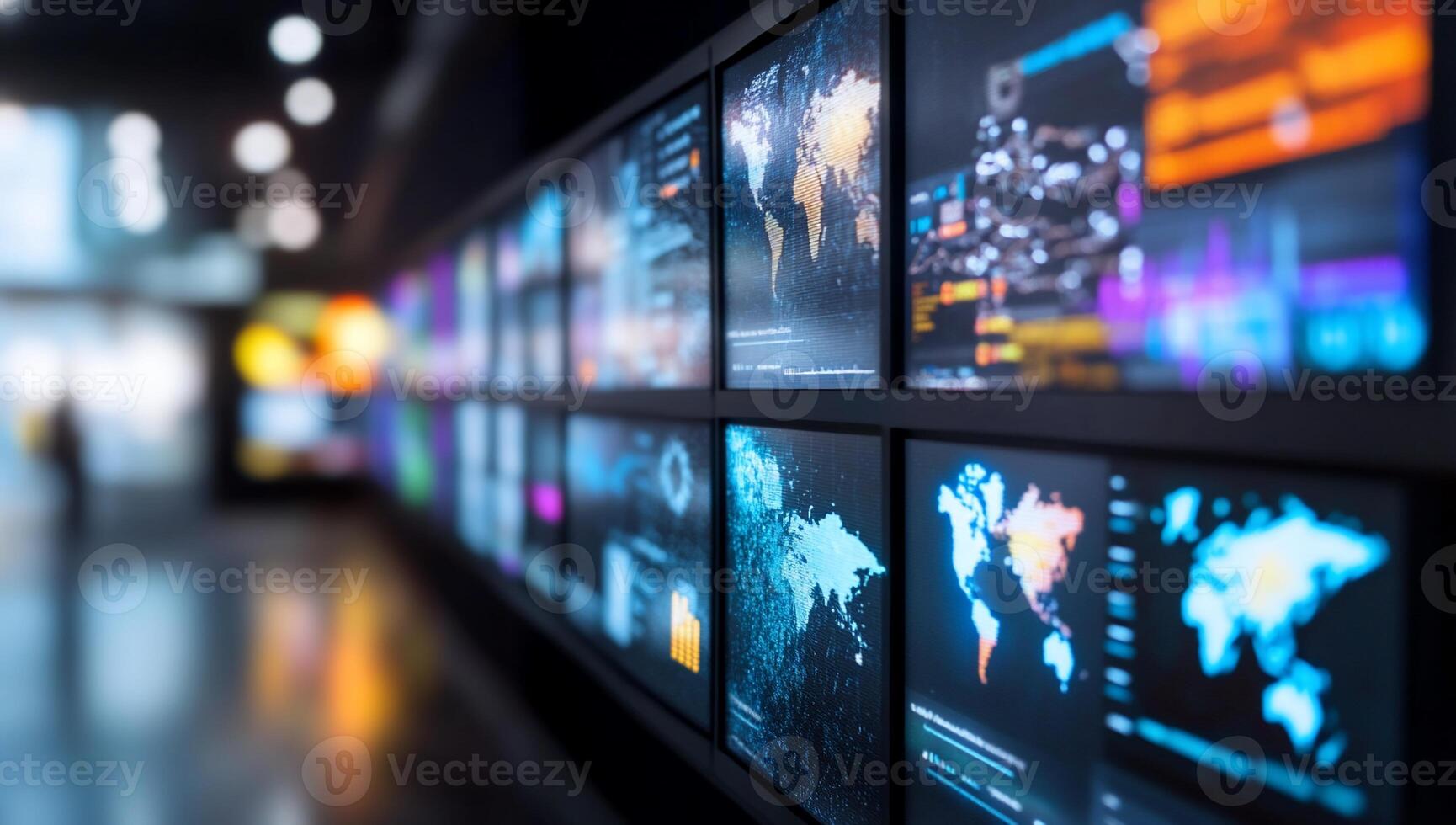 A digital display featuring interactive global data visualizations. photo