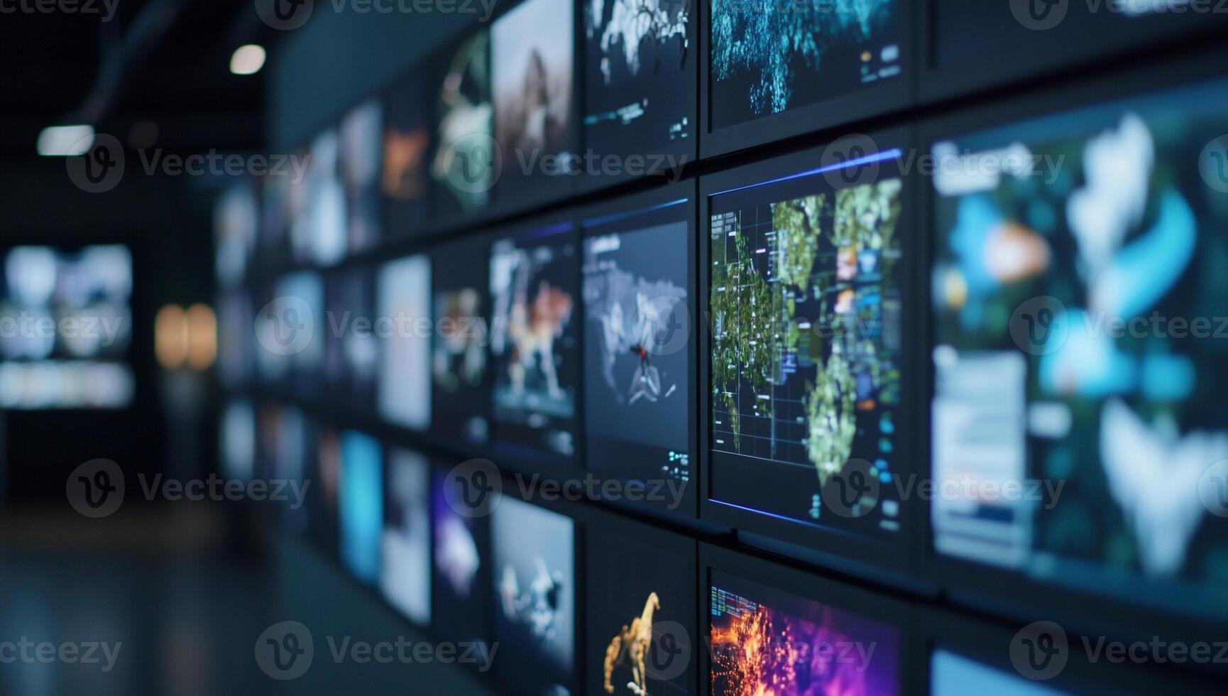 A display of digital maps and visual data on a modern wall. photo