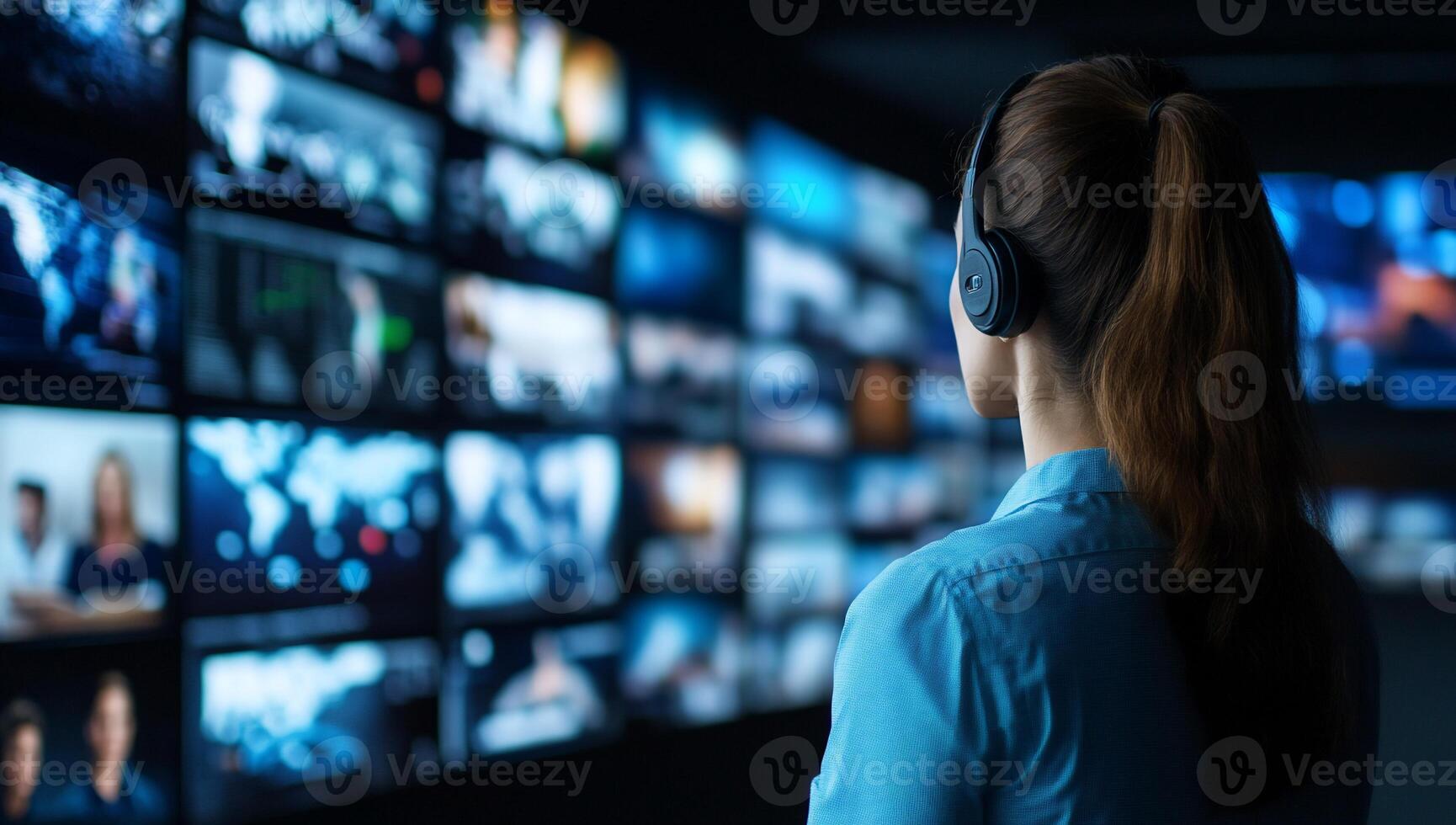 A person with headphones observes multiple screens displaying various visuals. photo