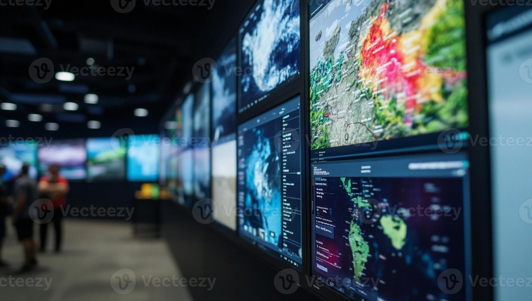 A display of screens showcasing weather data and environmental graphics. photo