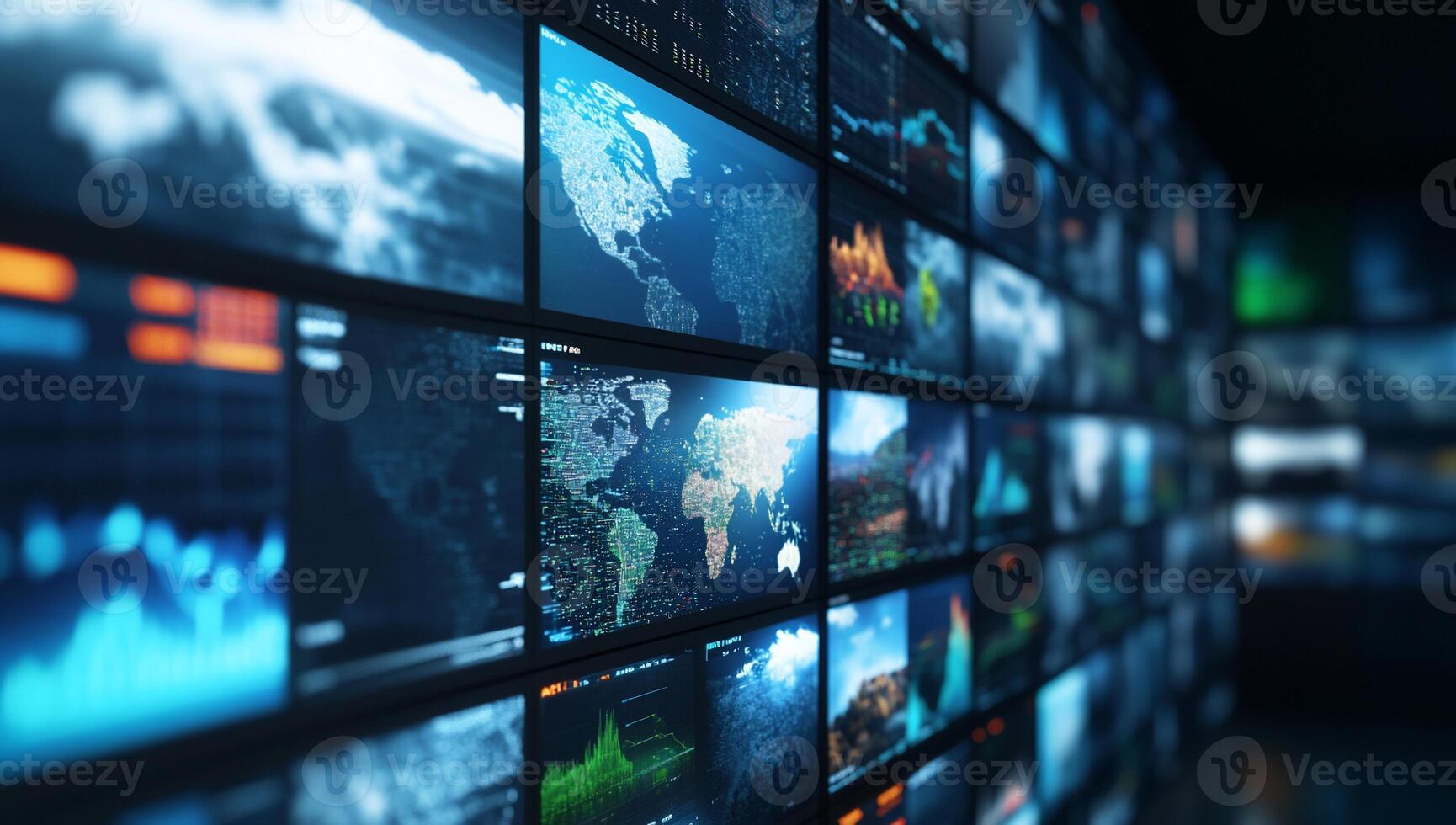 A digital wall displaying various data visualizations and global images. photo