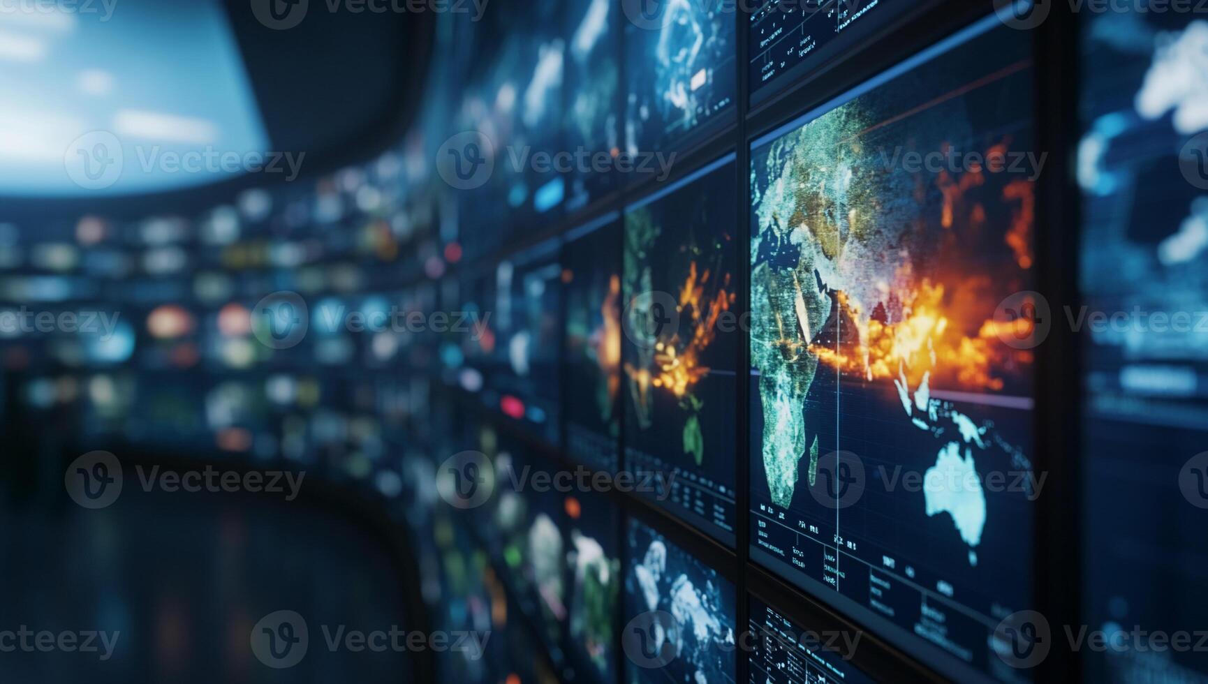 A high-tech control room displaying global data visualizations. photo