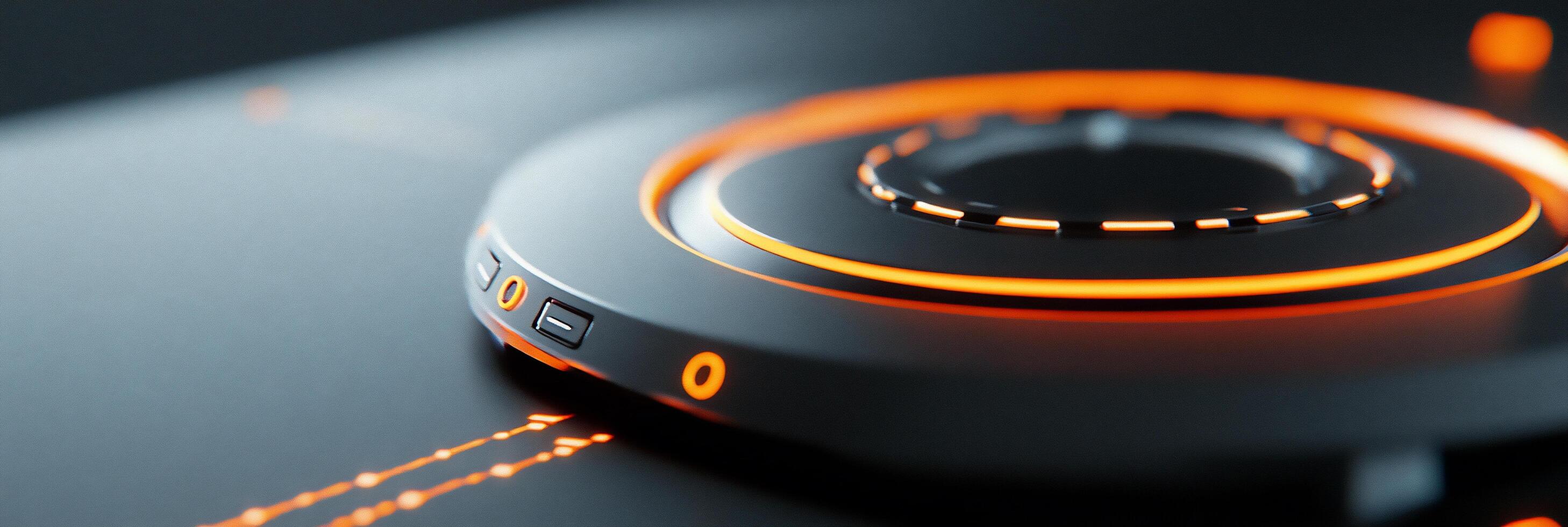 Close-up of a sleek, futuristic device with glowing orange accents. photo