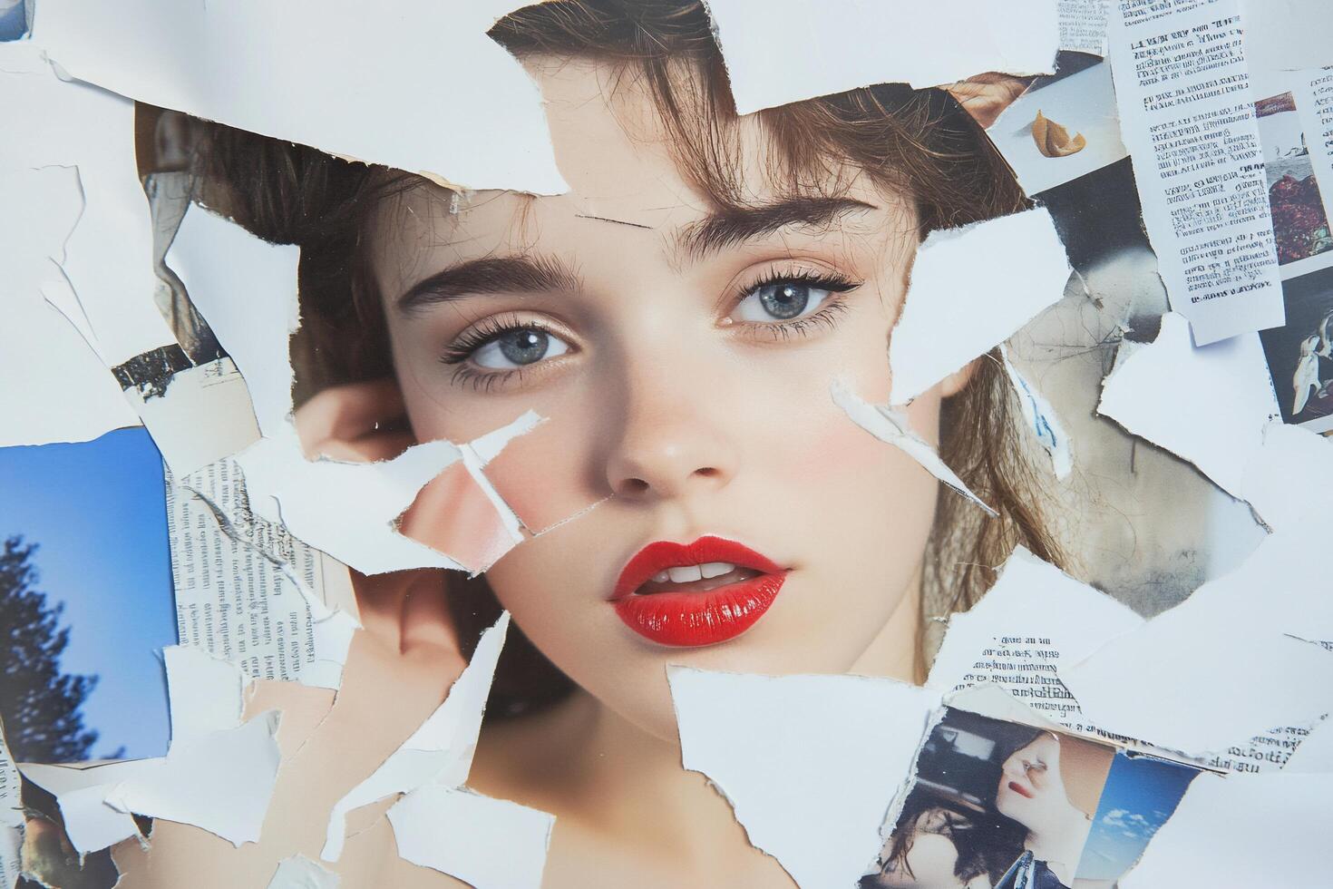 A close-up portrait of a young woman framed by torn paper. photo