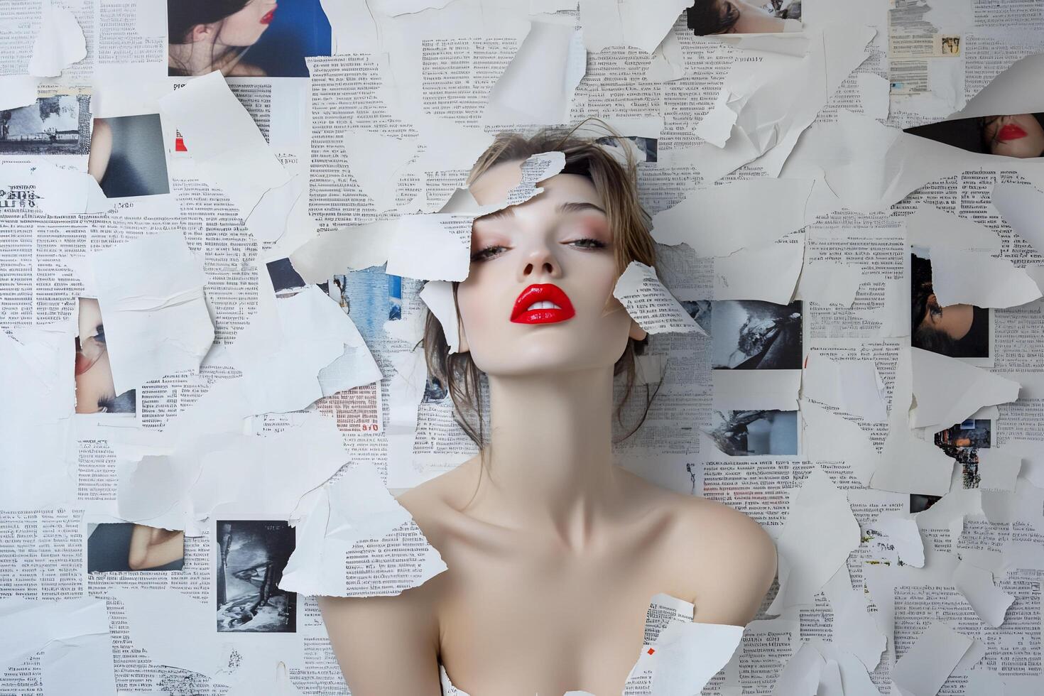 A model with striking red lips poses amidst torn newspaper clippings. photo
