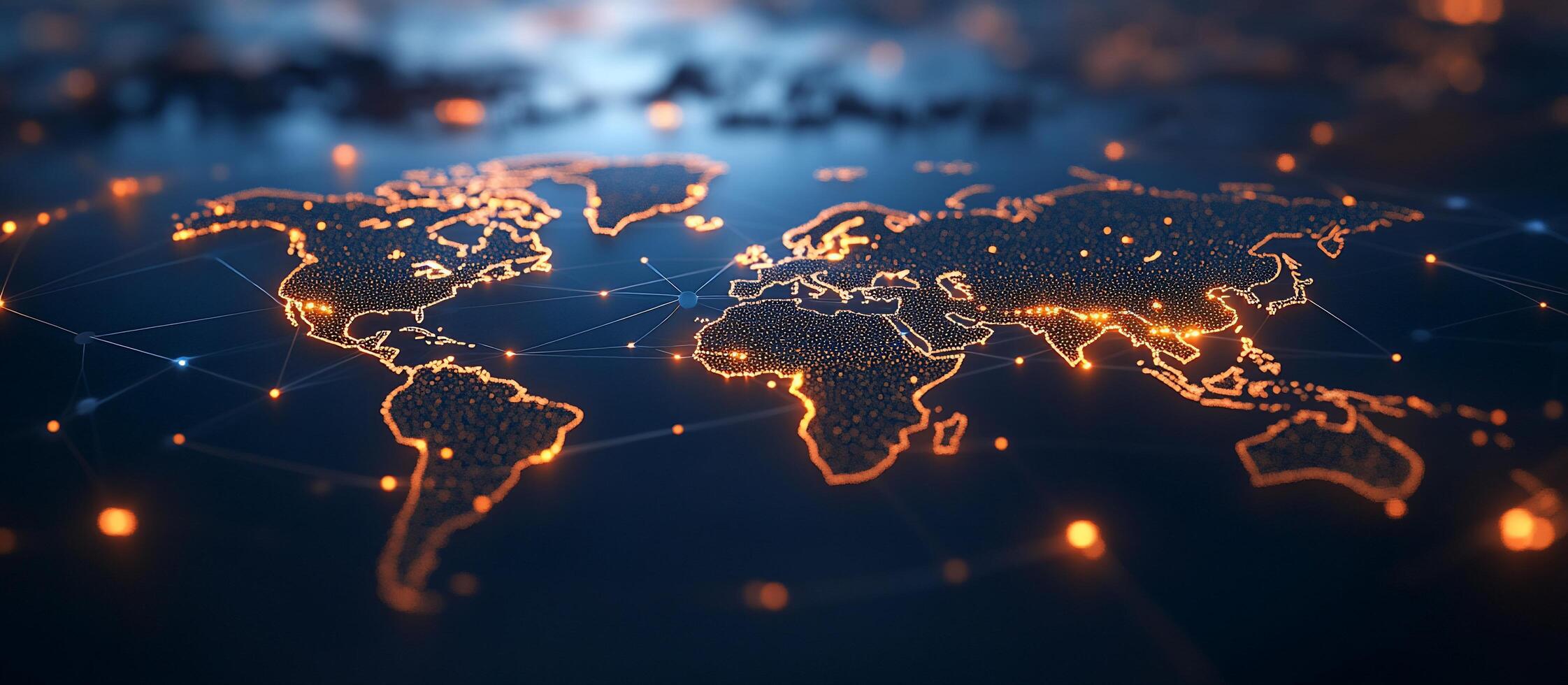 World map with network lines and dots on dark background photo