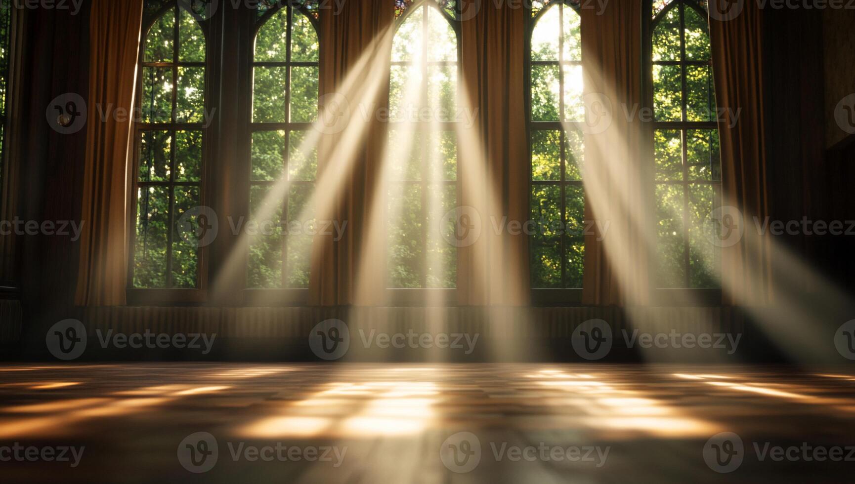 Sunlight streams through large windows, illuminating a serene wooden floor. photo