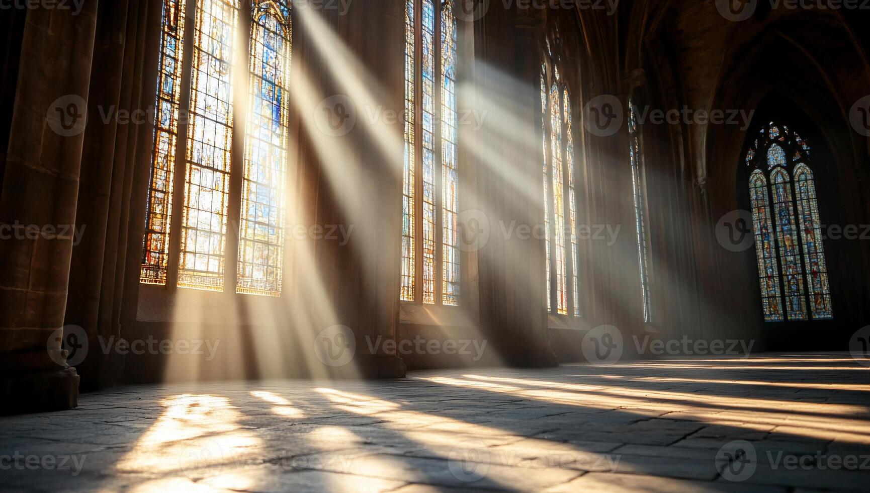 Sunlight streams through stained glass in a serene, historic space. photo