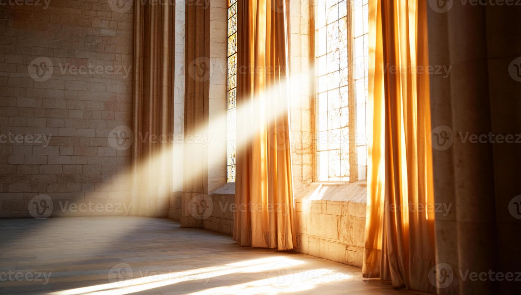 Sunlight streaming through elegant curtains in a serene interior space. photo