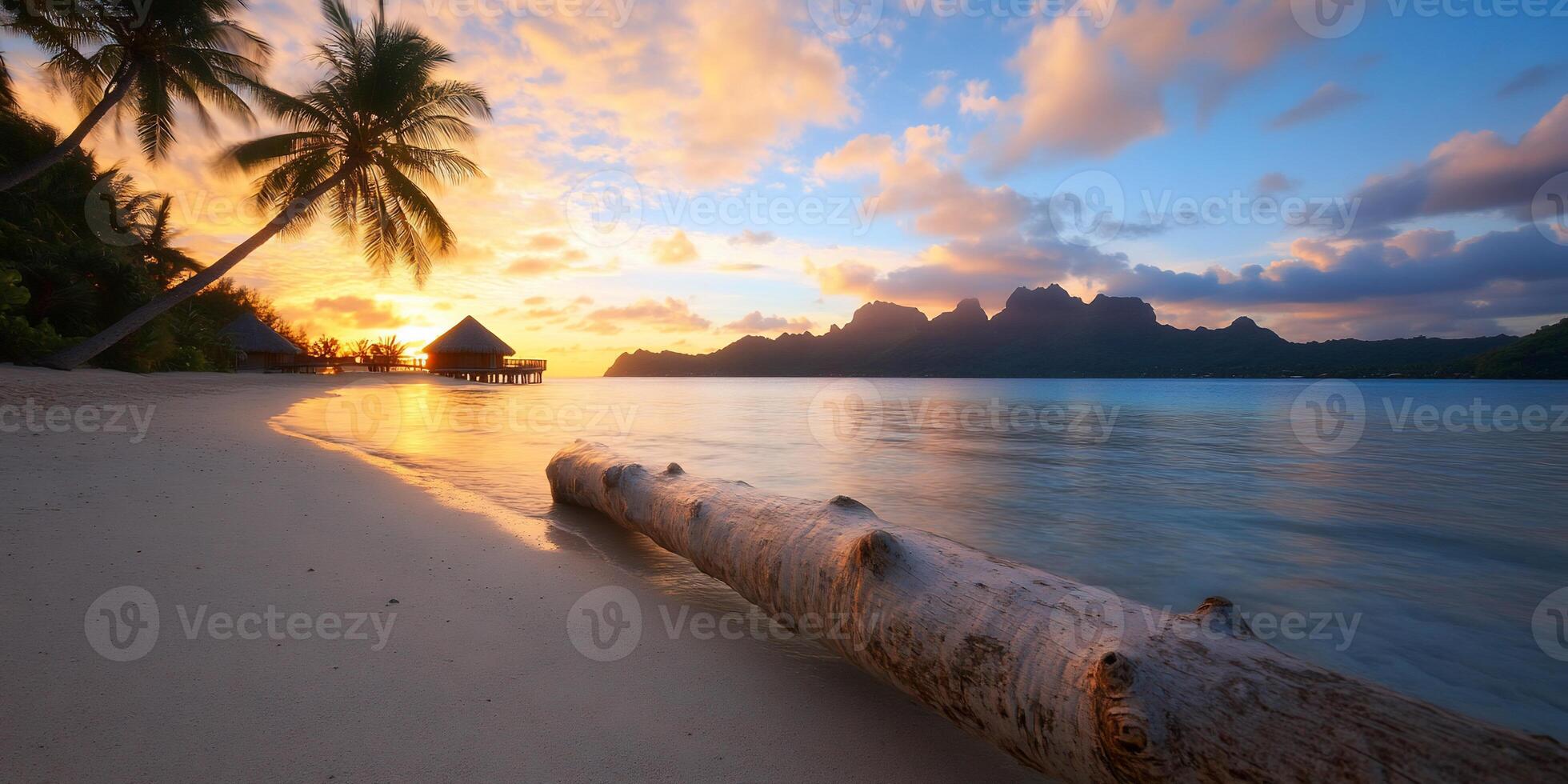 Serene sunset over a tropical beach with palm trees and calm waters. photo