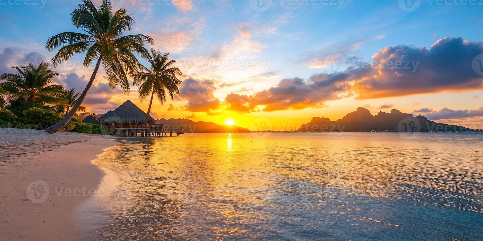 Serene sunset over a tropical beach with palm trees and mountains. photo