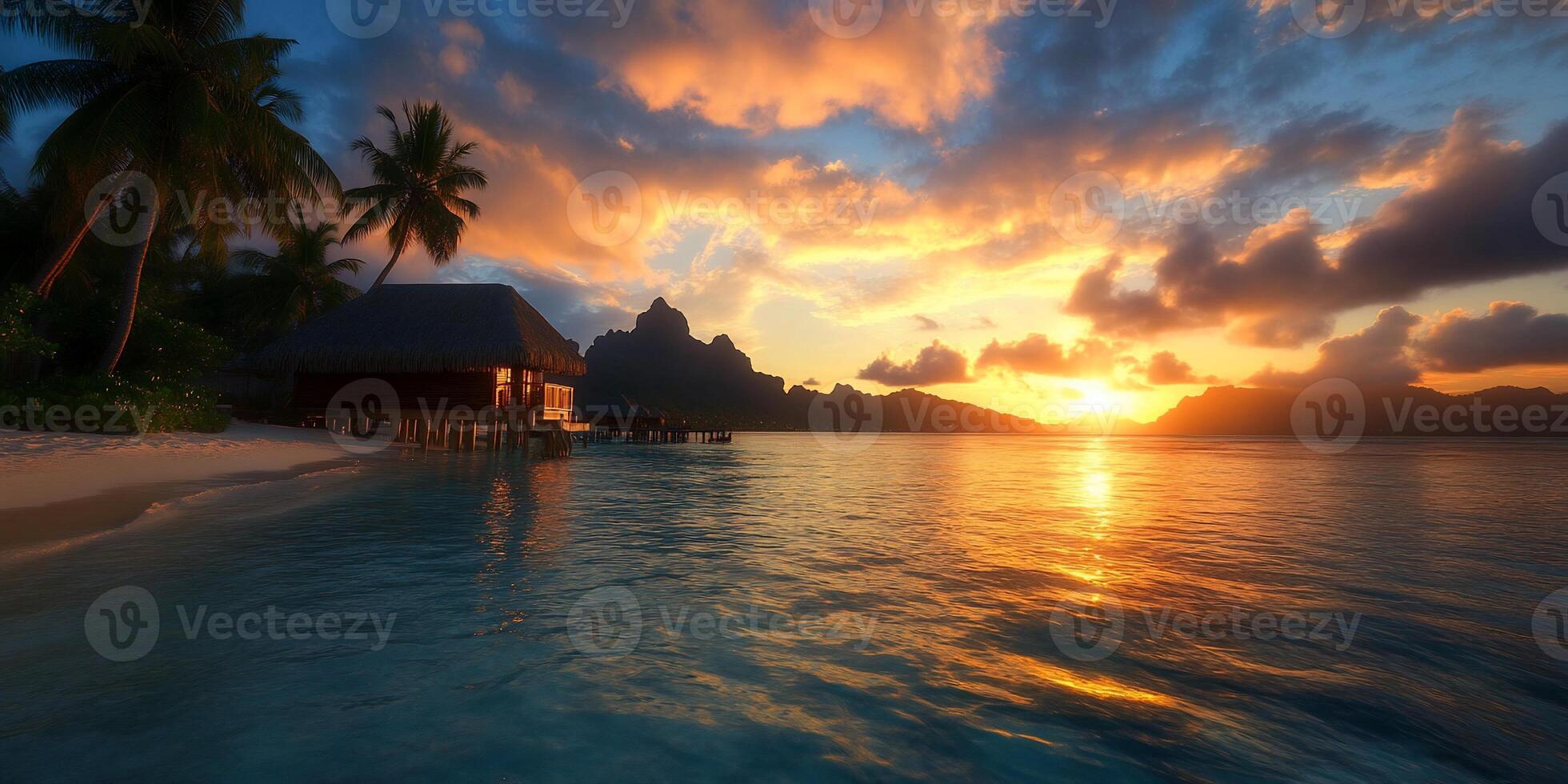 Serene sunset over a tropical beach with a wooden hut and palm trees. photo