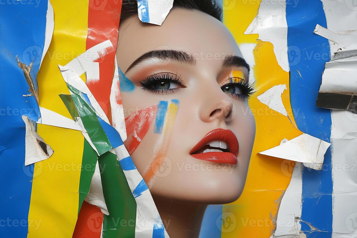 A vibrant portrait of a woman emerging from colorful torn paper. photo