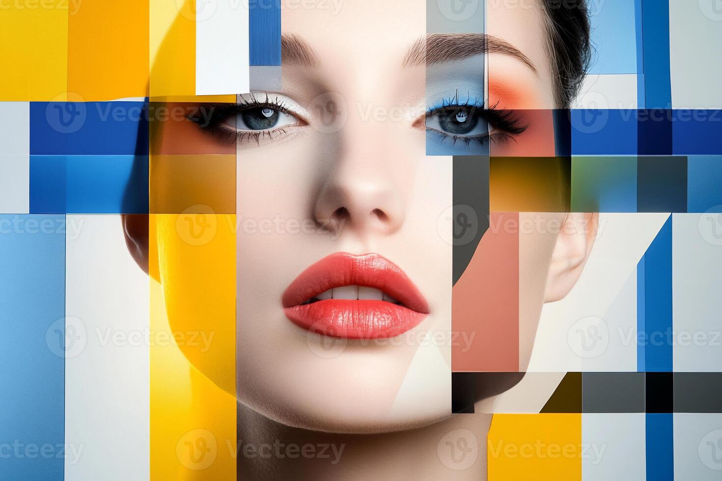 Abstract portrait of a woman with geometric color overlays. photo
