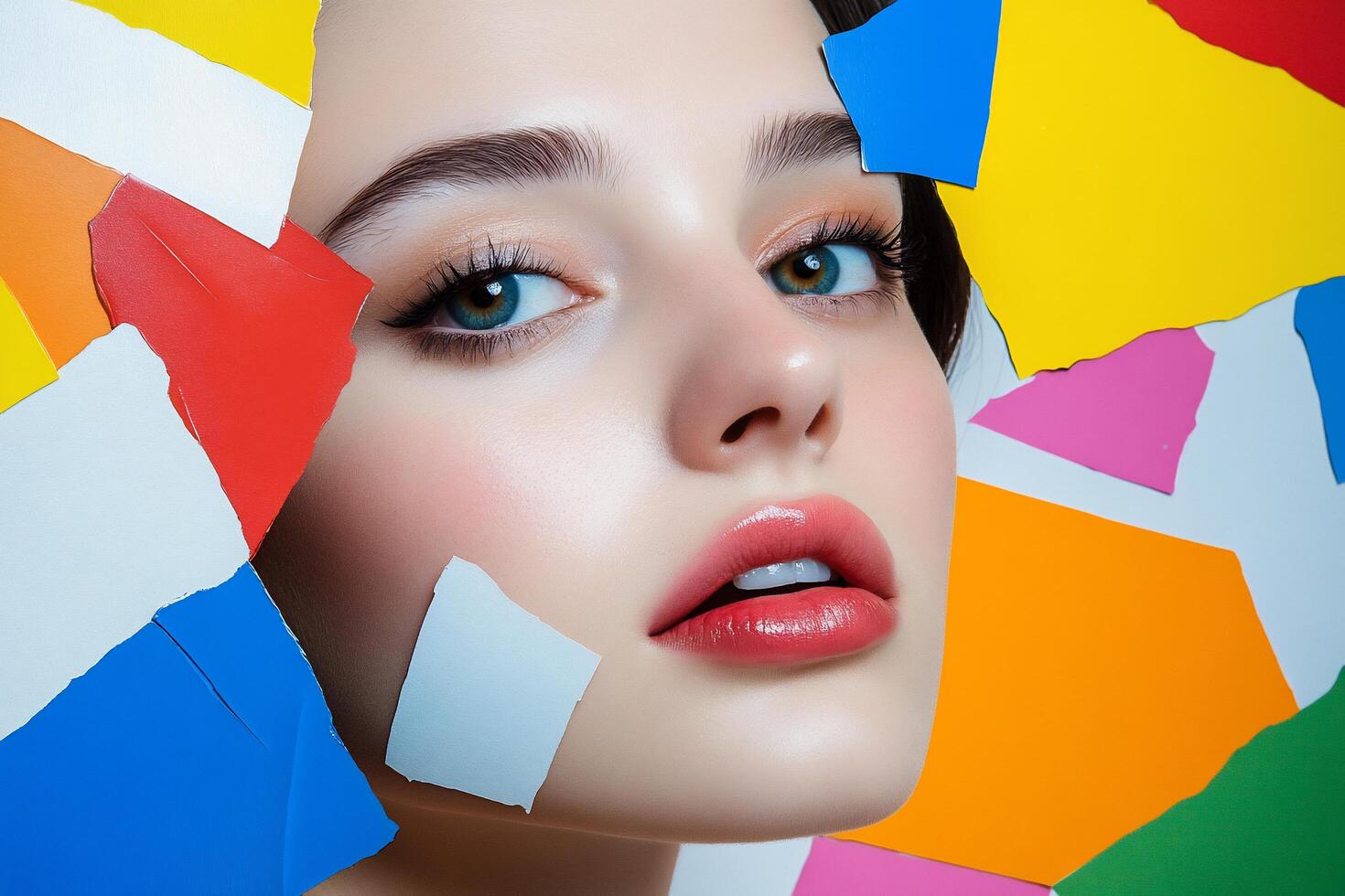 A woman with bright eyes and colorful paper photo