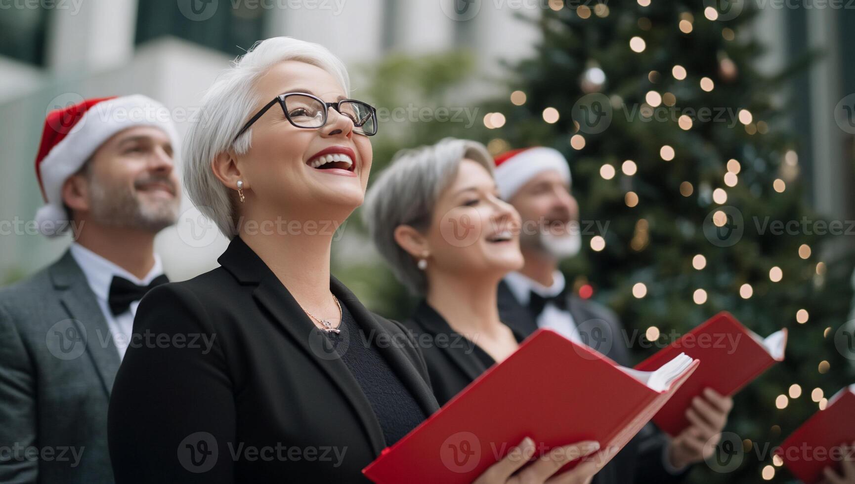 Group of people singing carols in festive attire by a Christmas tree. photo