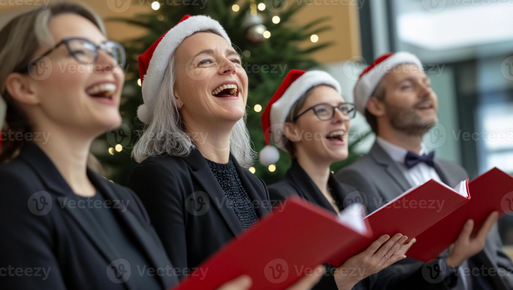 Group of people singing joyfully in Santa hats by a Christmas tree. photo