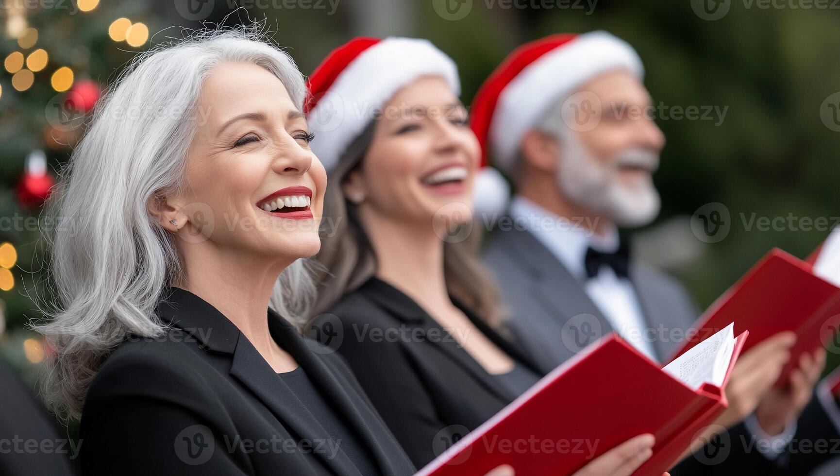 A festive choir singing joyfully in Santa hats during the holiday season. photo