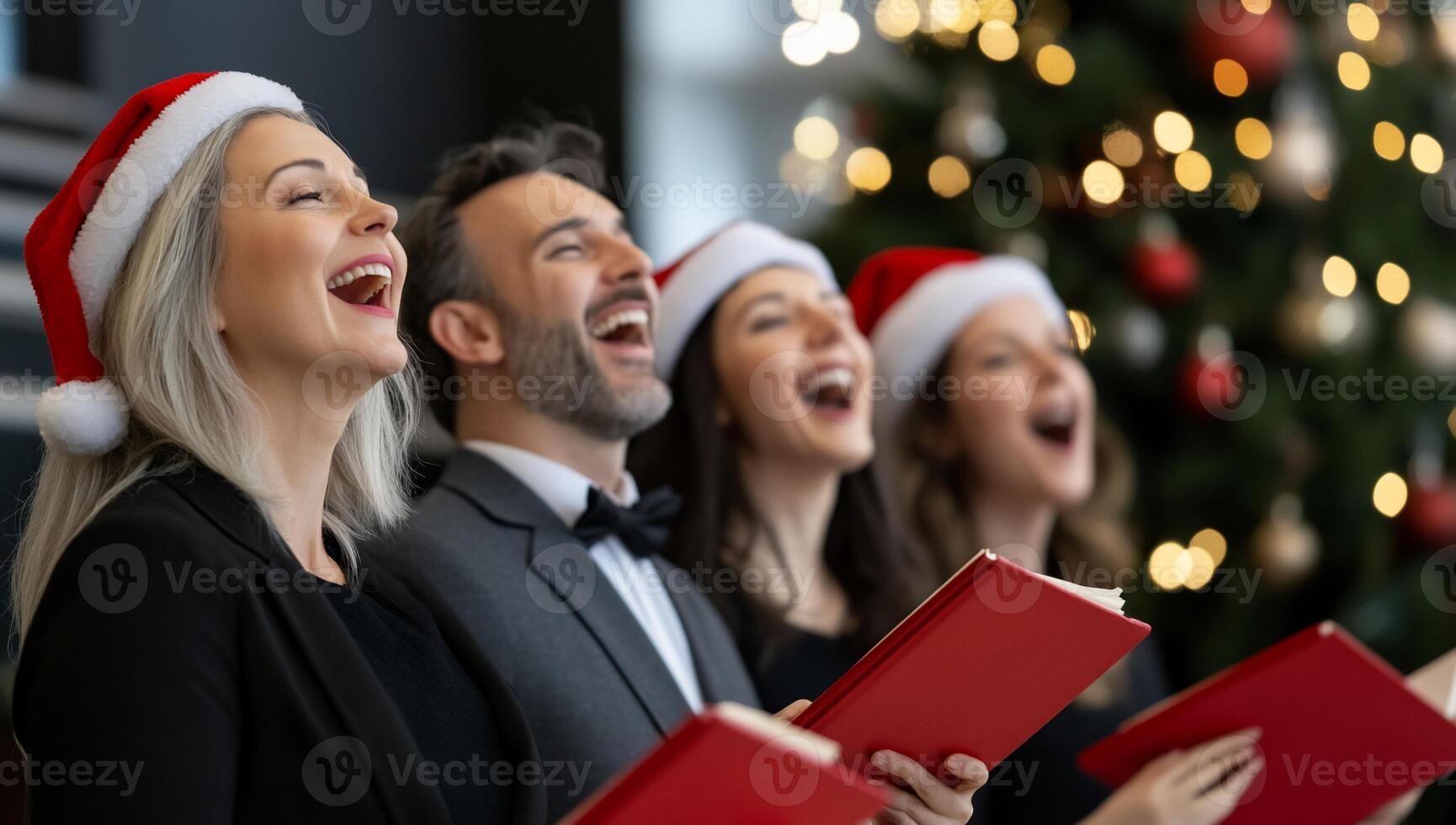Group singing holiday carols with festive attire and a Christmas tree. photo