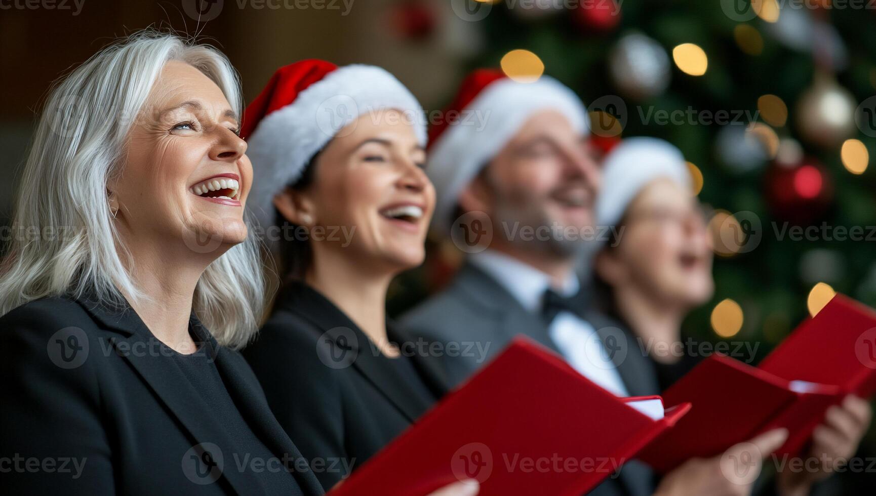 A festive choir singing joyfully in Santa hats by a decorated tree. photo