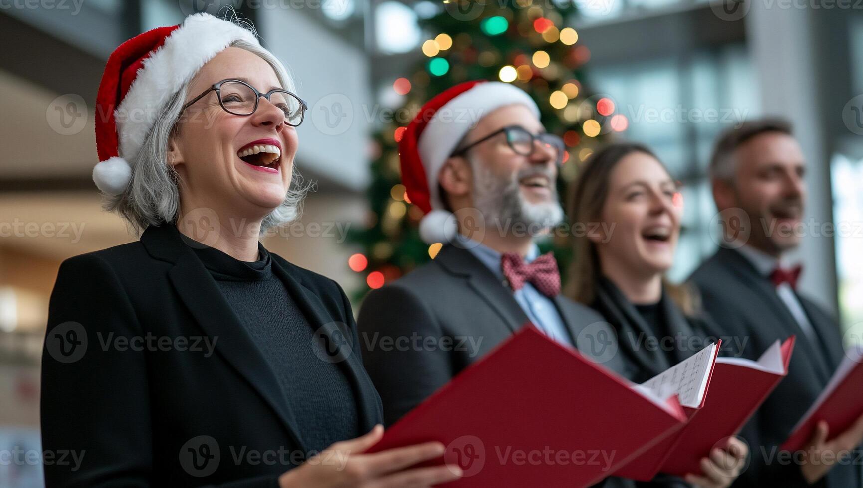 A festive choir performing with cheerful expressions and Christmas hats. photo