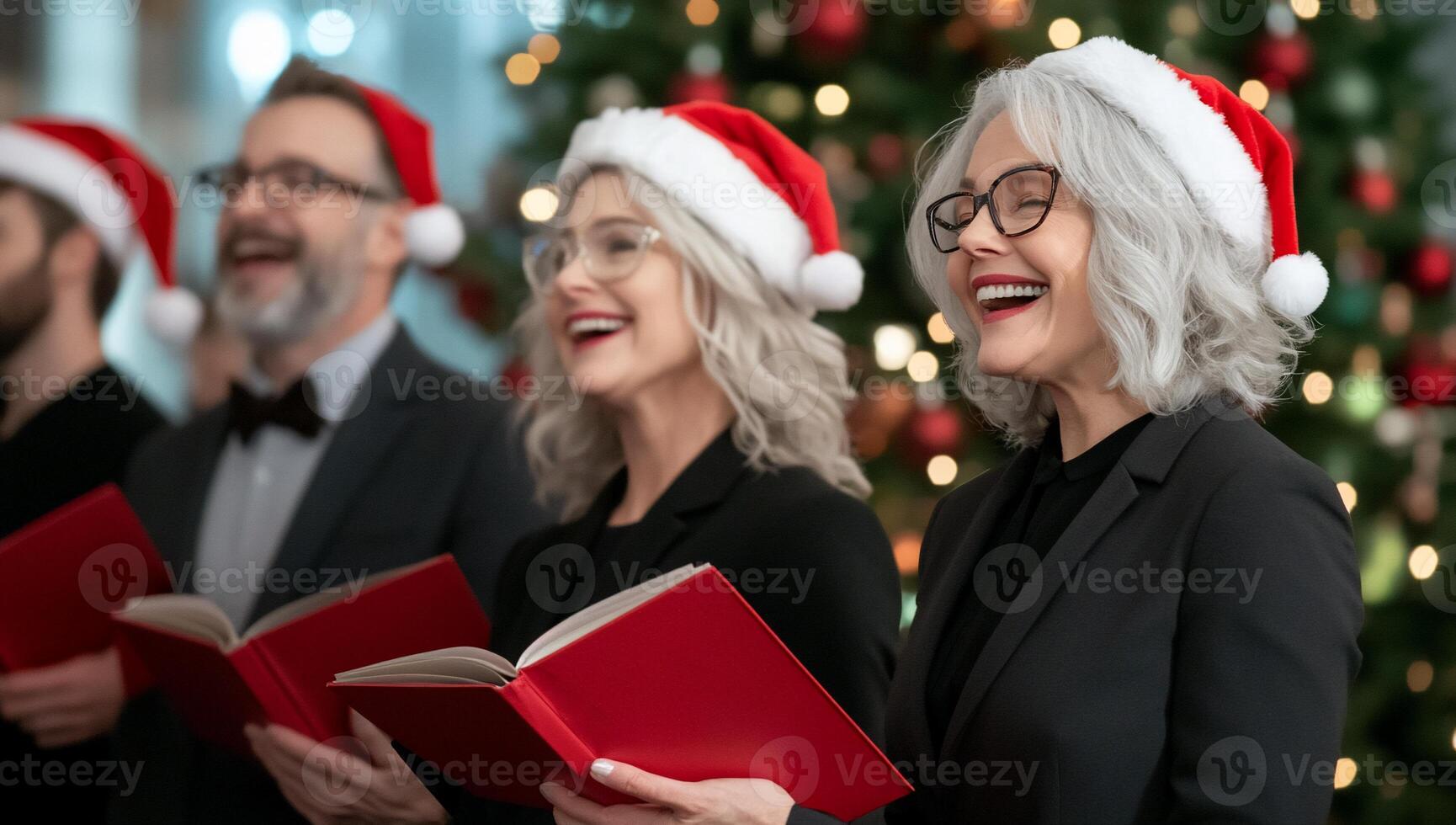 A festive choir singing with holiday spirit in Santa hats. photo