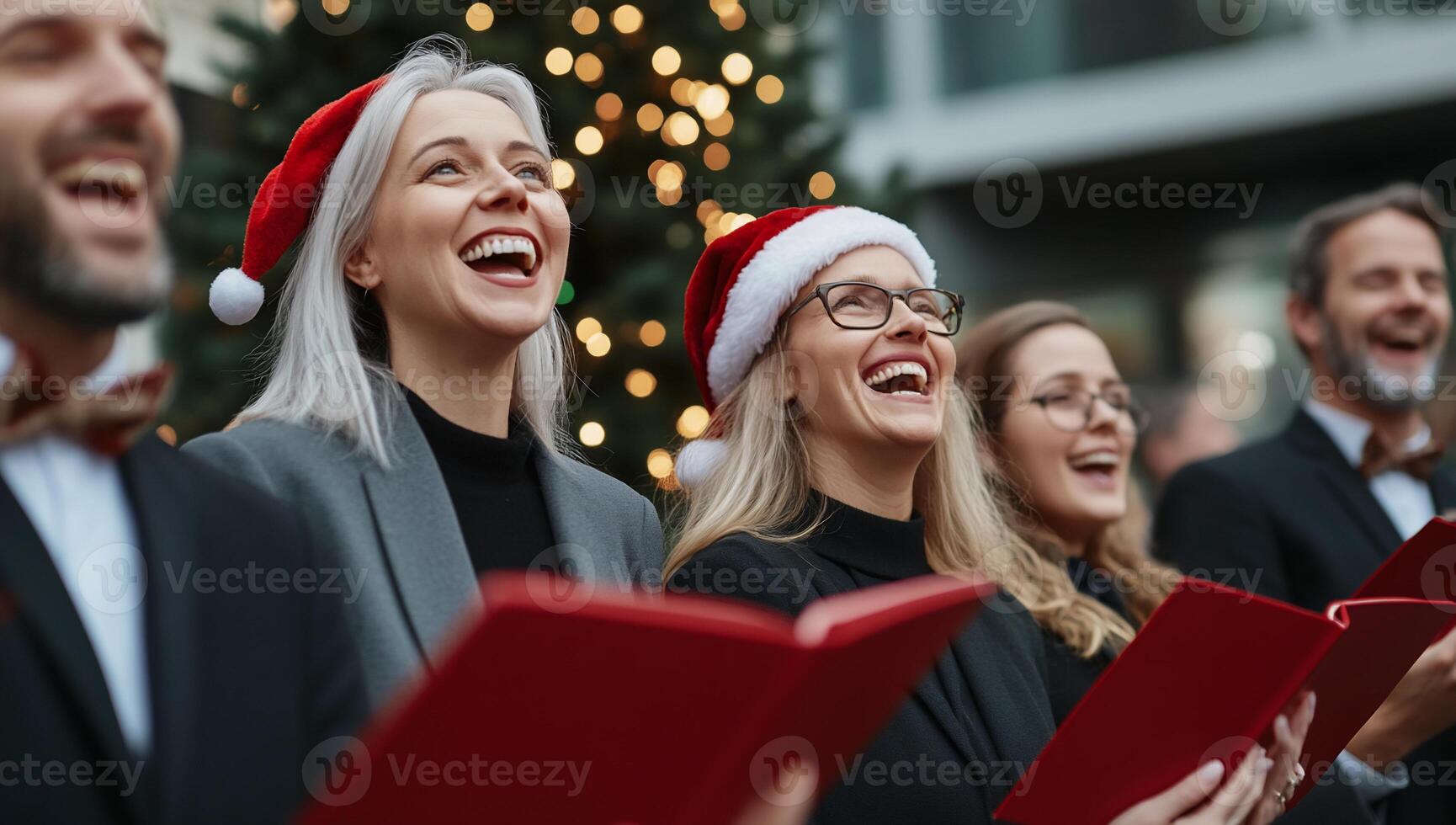 A joyful group singing carols outdoors in festive attire. photo