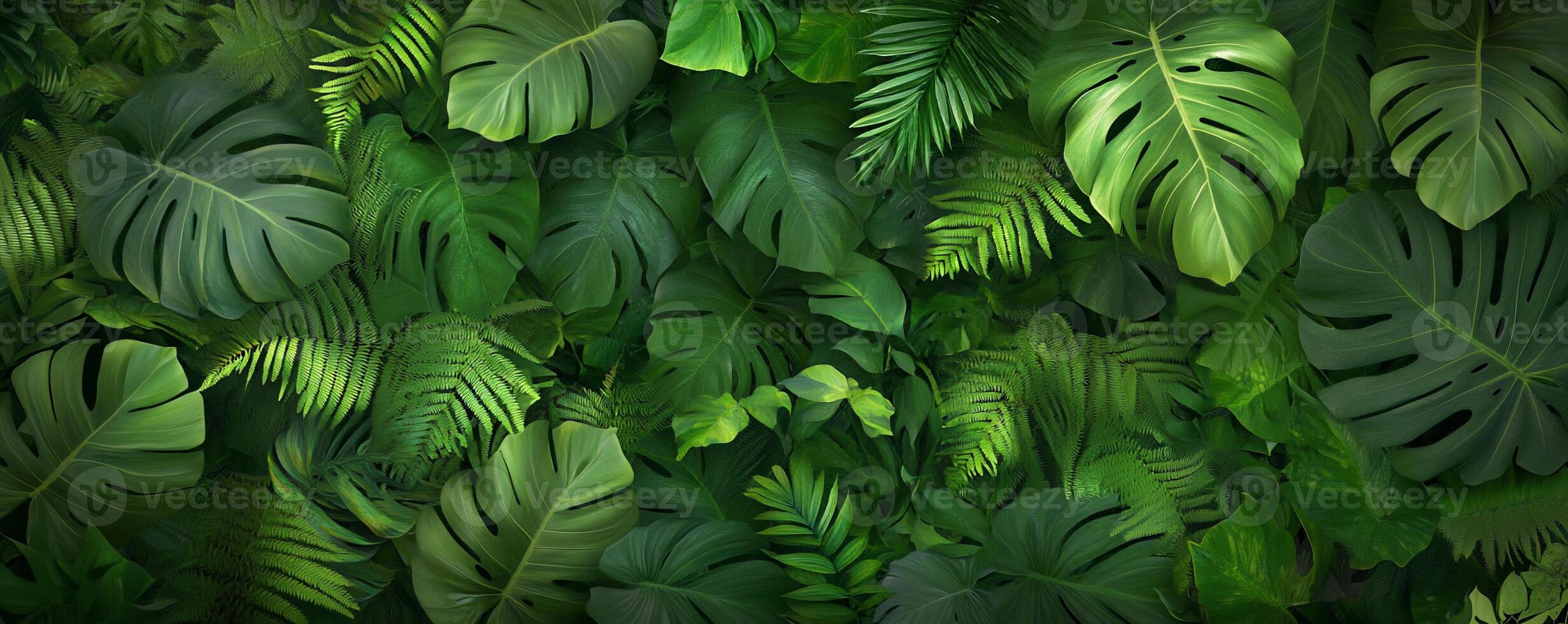 A lush arrangement of green leaves creating a vibrant, tropical backdrop. photo