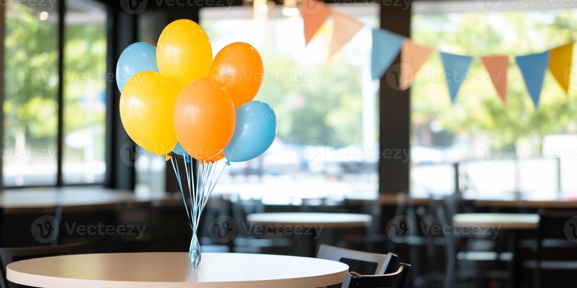 A festive arrangement of balloons on a table in a bright venue. photo