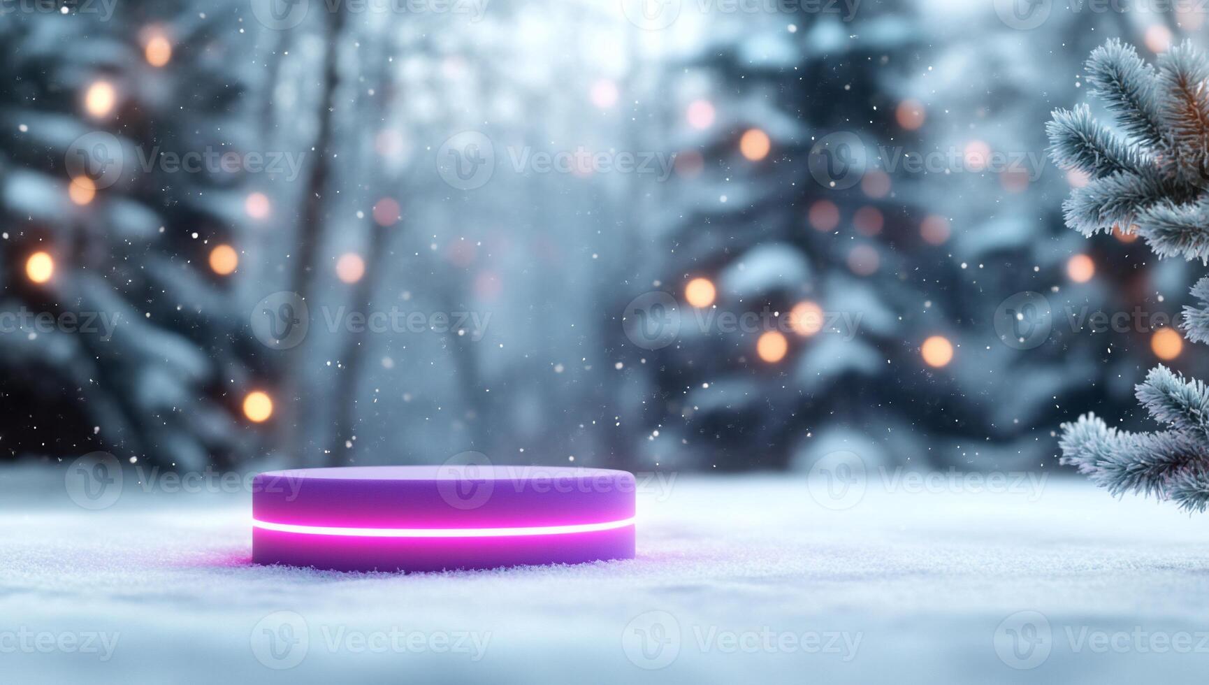 A glowing device in a snowy landscape with festive lights. photo