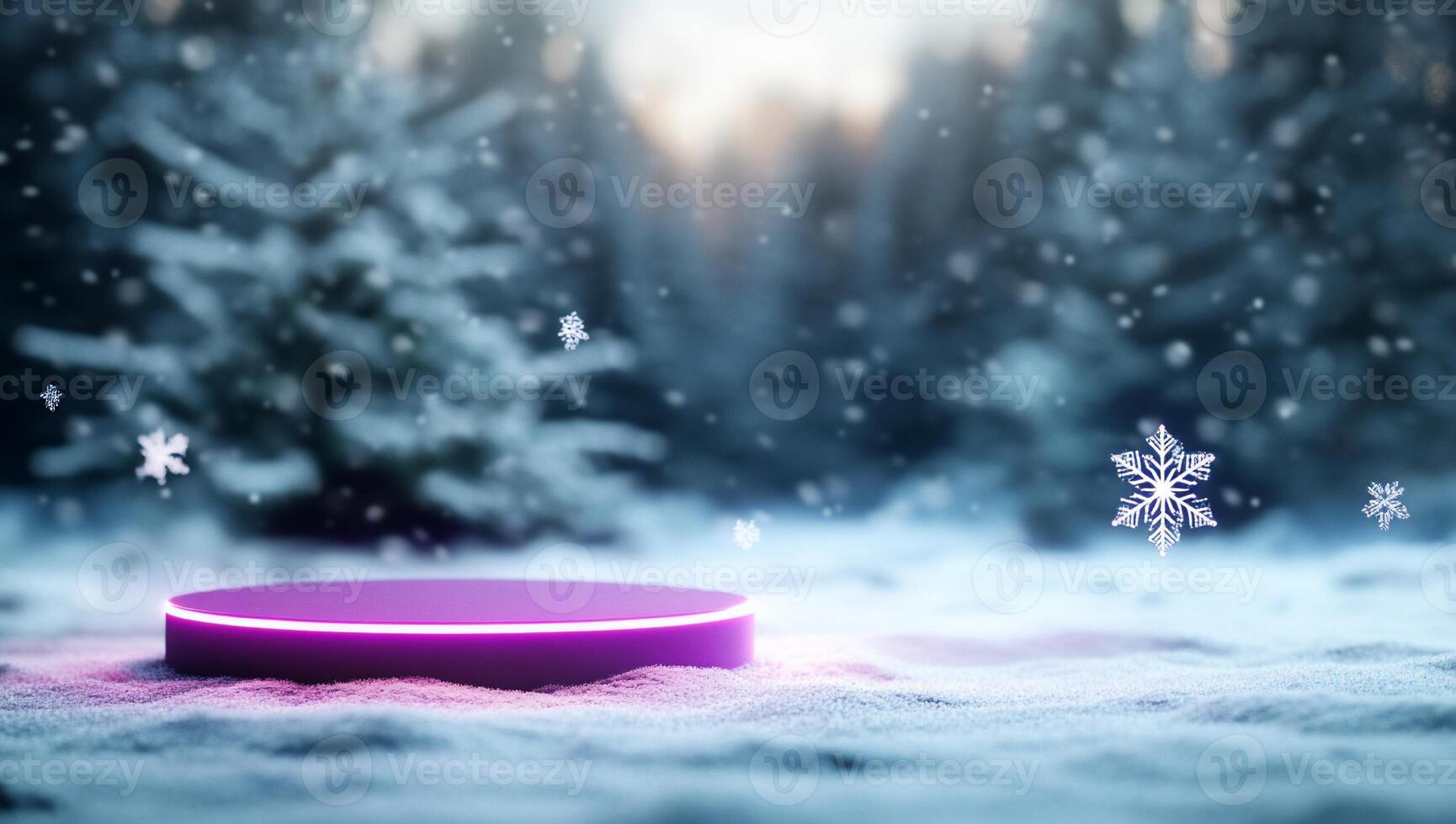 A snowy landscape with a glowing platform and falling snowflakes. photo