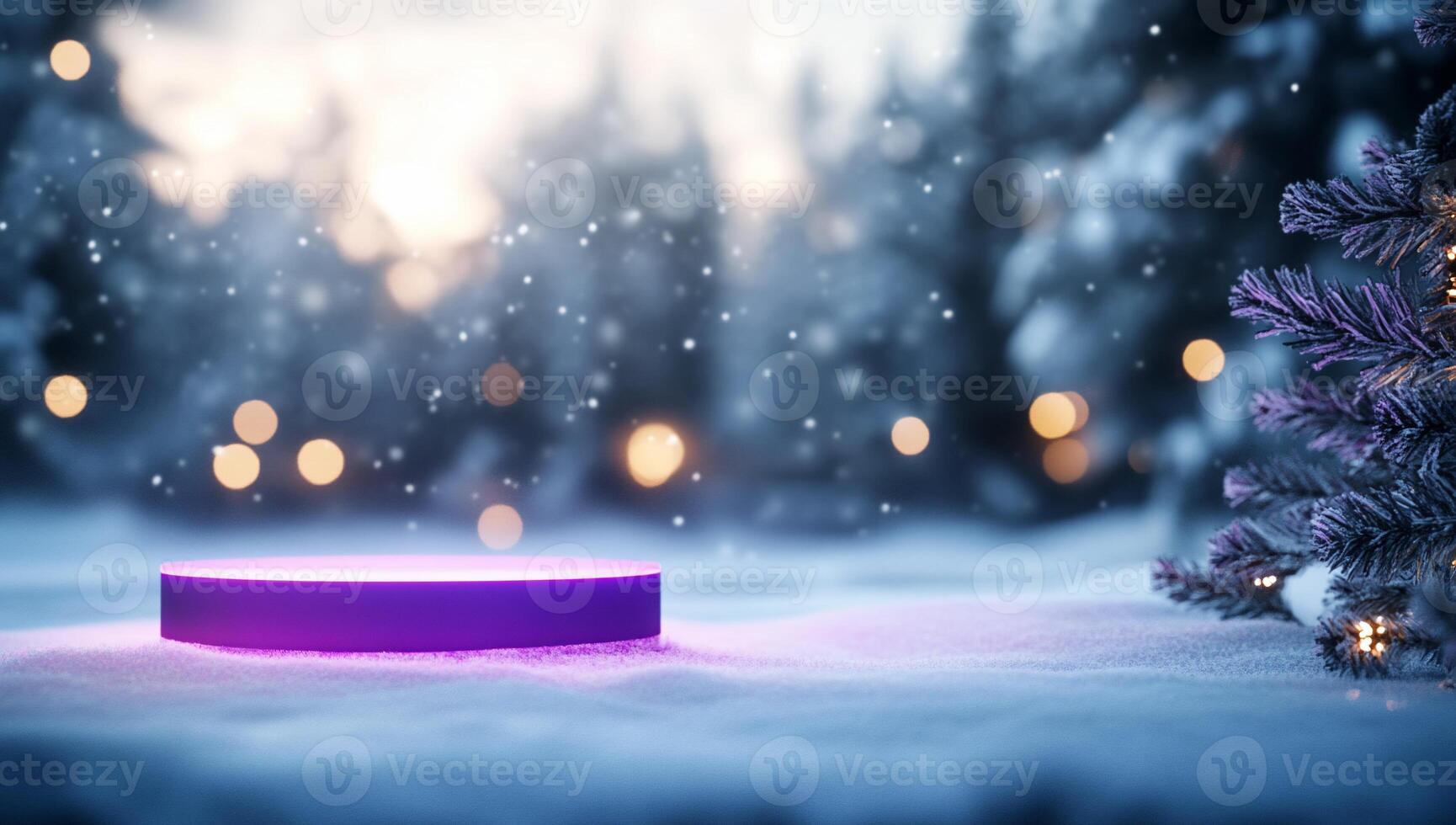 A serene winter scene with a glowing purple platform in the snow. photo