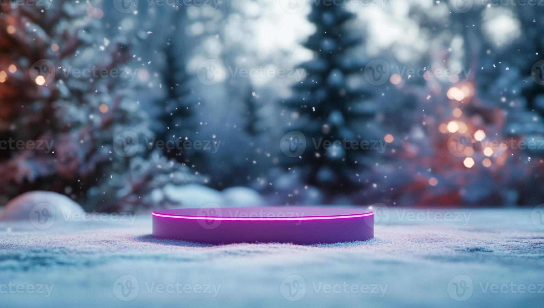 A glowing platform in a snowy forest with falling snowflakes. photo